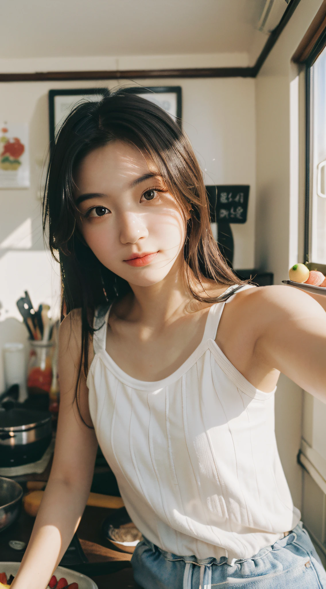 Best quality, masterpiece, super high resolution, (realistic: 1.4), original photo, wallpaper, head photo, skin, simple background, black eyes, detail, selfie, 1 girl, 18 years old, breeze, sunshine, kitchen, fruit
