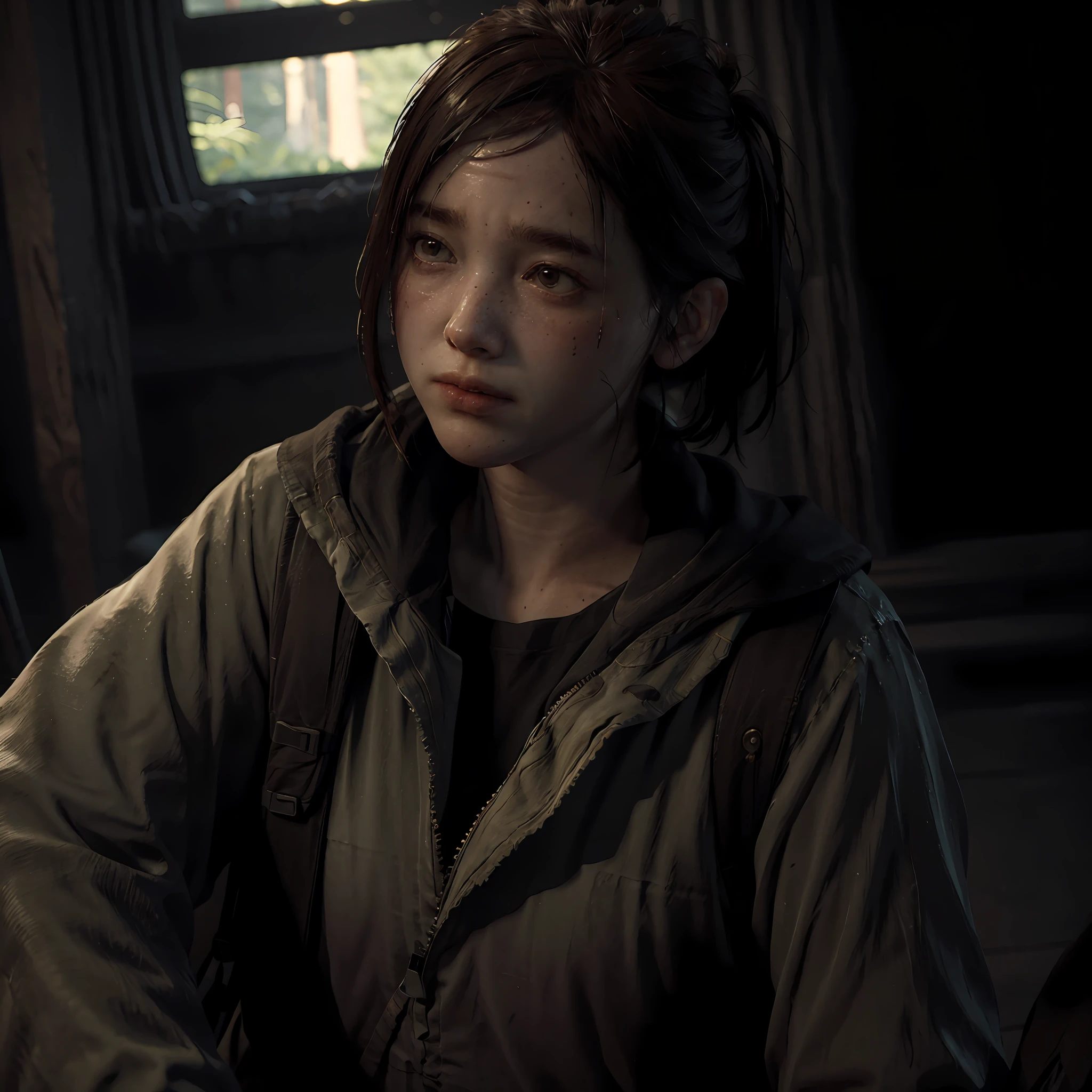 The last of us, Ellie running out of Forest, cinematic lighting hyper realistic super details skin texture is very detail,