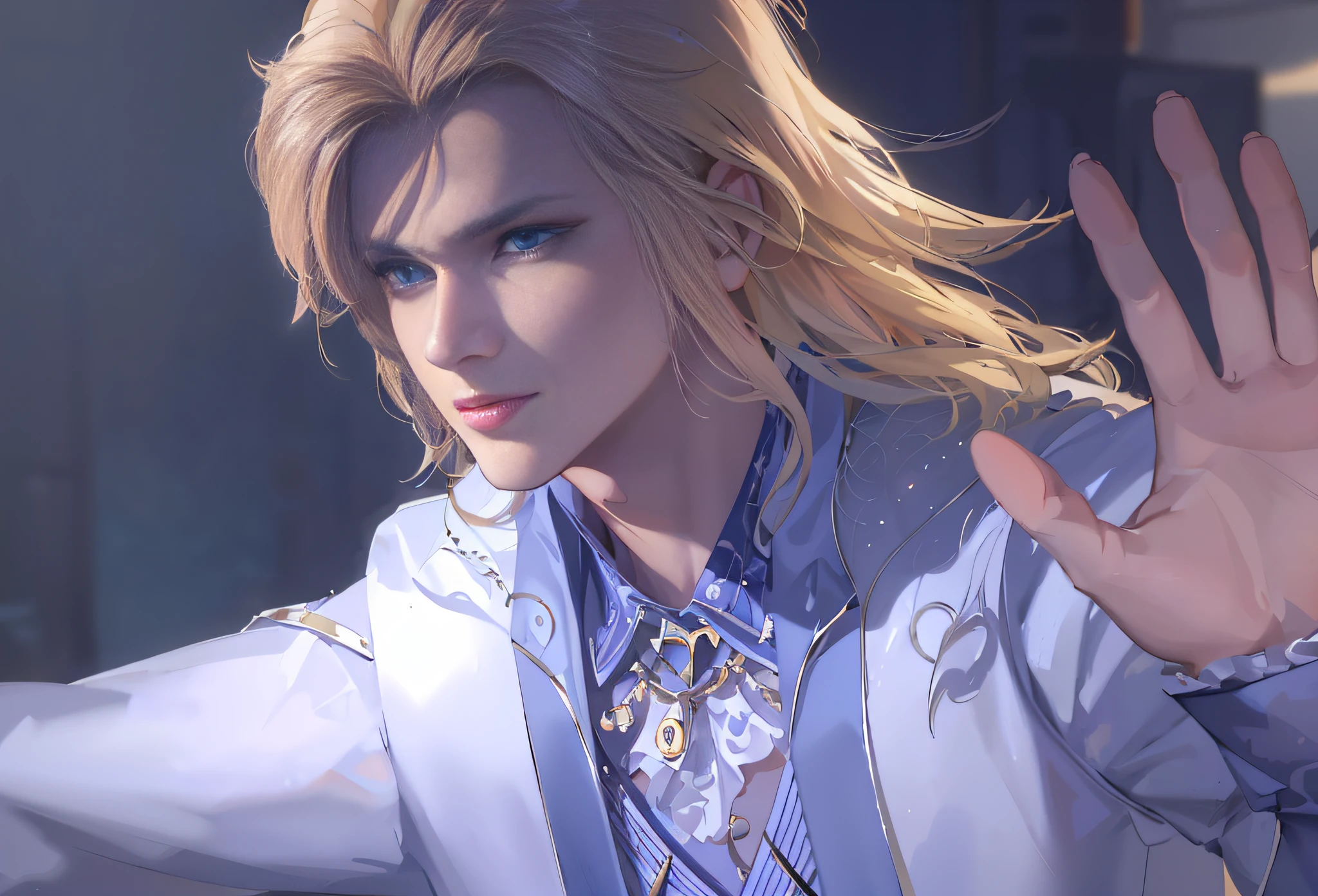 anime character with blonde hair and blue eyes in a white suit, beautiful androgynous prince, handsome guy in demon slayer art, delicate androgynous prince, handsome anime pose, xqc, anime handsome man, portrait of magical blond prince, detailed digital anime art, casimir art, detailed anime character art, anime portrait of a handsome man, by Yang J