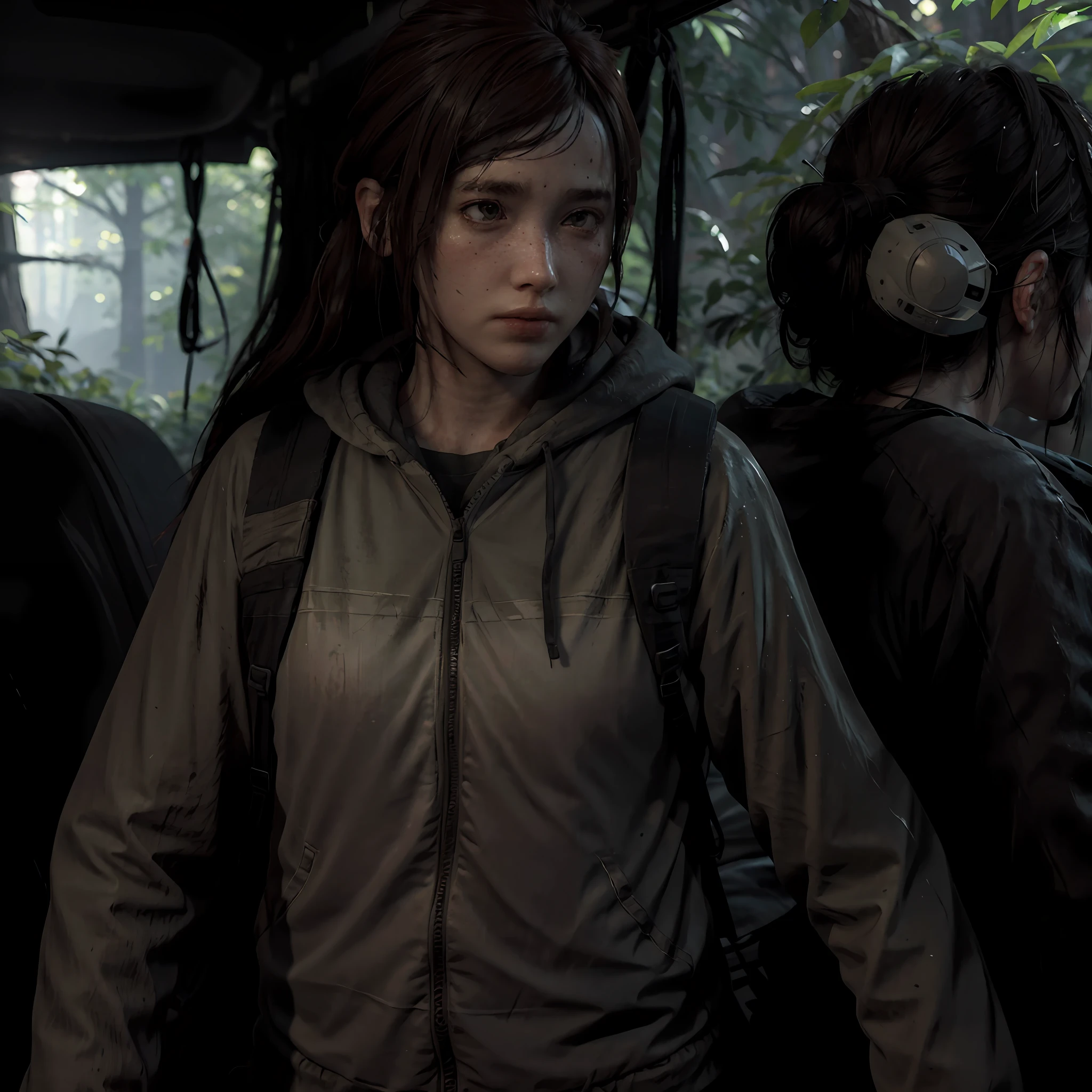 The last of us, Ellie running out of Forest, cinematic lighting hyper realistic super details skin texture is very detail,