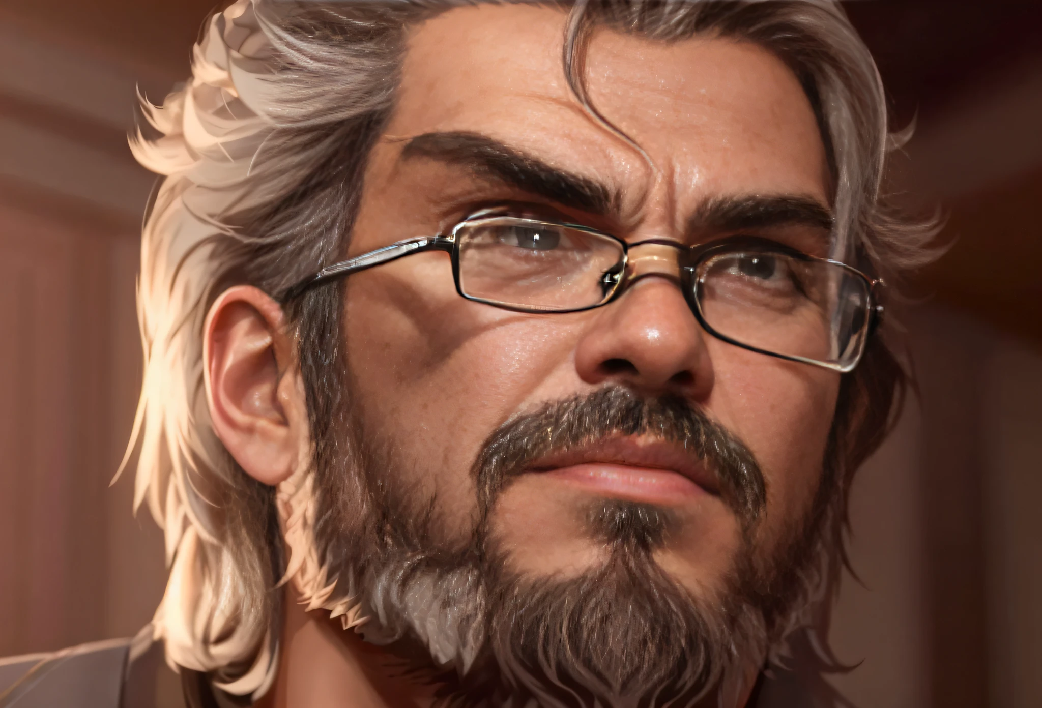 there is a man with glasses and a beard in a room, epic portrait illustration, realistic artstyle, character art portrait, detailed character portrait, epic rpg portrait, stanely artgerm, character portrait closeup, artgerm portrait, artgerm and grek rutkowski, rpg portrait concept art, stanley artgerm lau, rossdraws portrait
