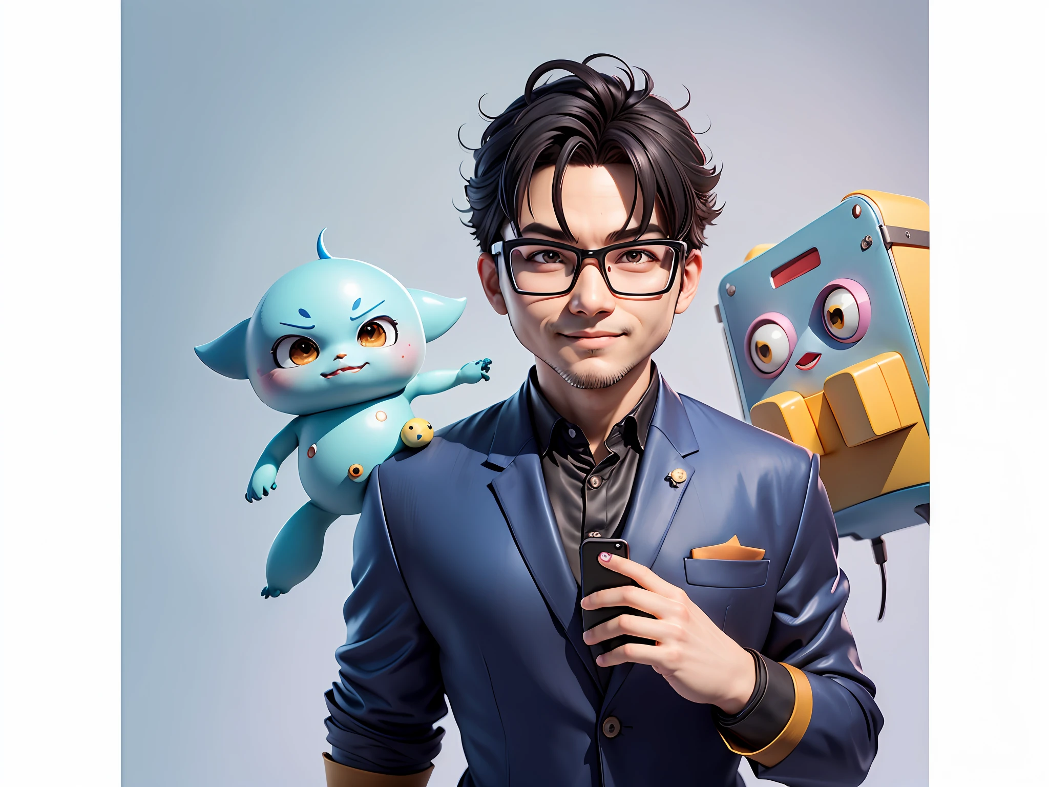 Masterpiece), (Excellent), (Super Meticulous), (Full Body: 1.2), Super Young Woman, Beautiful, Sexy, Bursting, Oriental Face, TV Anchor, Bust Portrait Illustration, Alone, Black Suit, Blue Tie, Silver Glasses, Slightly Chubby Face, Very Clean Face, No Beard, Black Super Short Hair, Black Eyes, Confident Smile, 3c Computer Sub-Products, iPad, iPhone, Digital Painting, 3D Character Design by Akira Toriyama with Mark Claireden and Pixar and Hayao Miyazaki, The illustration is a high-definition illustration in 4K resolution with very detailed facial features and cartoon-style visuals.