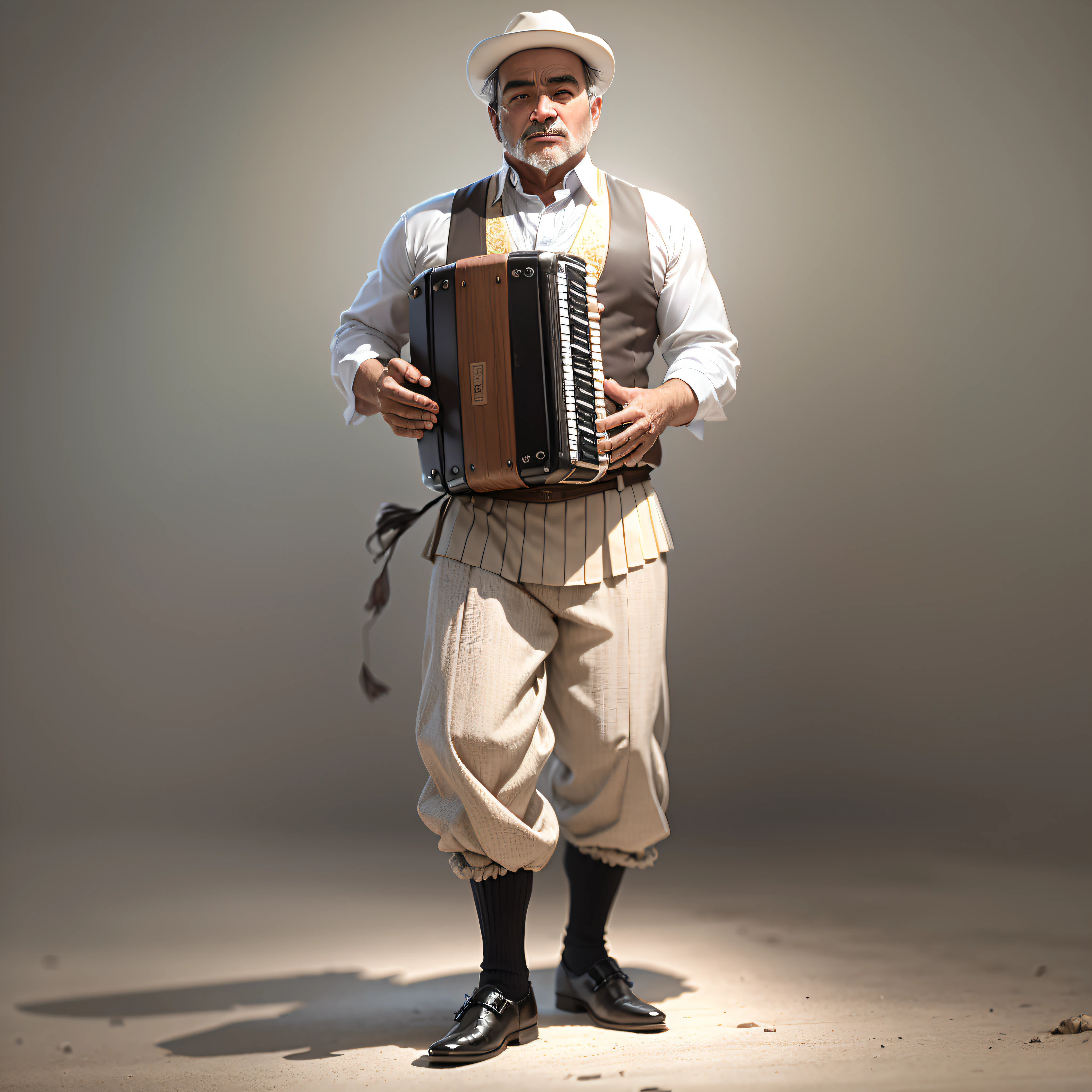 Middle-aged man, in gaucho clothes, playing accordion, full body, standing, absolute white background --auto --s2
