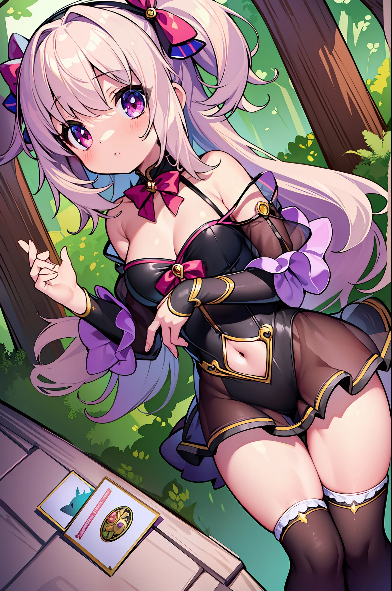 (MASTERPIECE), (Best Quality), (Ultra Detail), (Best Anatomy), Official Art, One Girl, with Light Hair, Petite Littgical Girl, See-Through Witch Costume, Small Breasts, Cleavage, Off Shoulder, Underboob, Side Boob, Thigh Focus, Navel, Low Angle, Hands Behind Body, Chest Stretched, Card Illustration, Deep forest springs