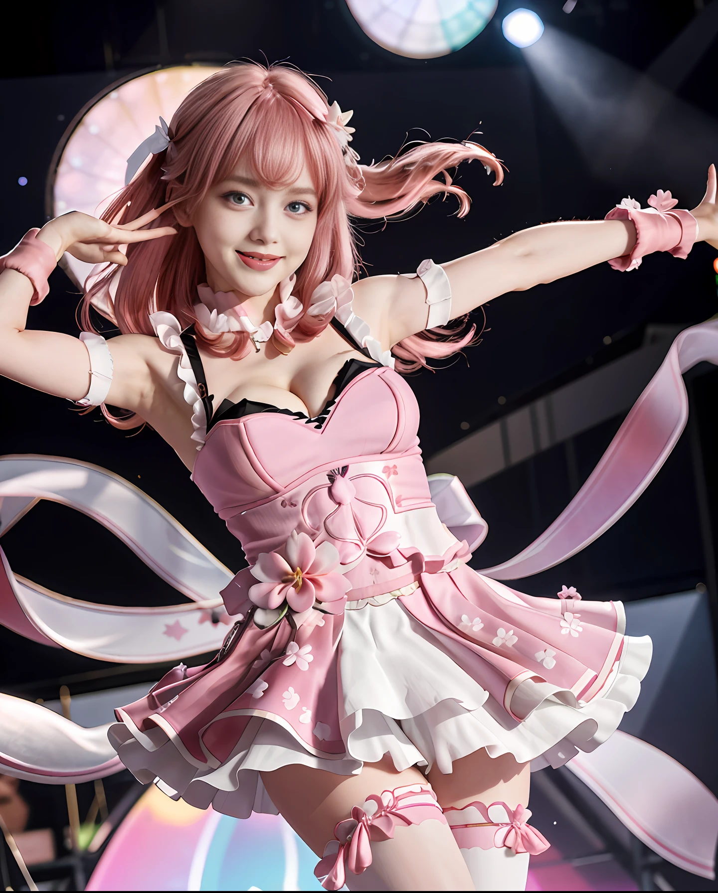 (Real: 1.7), ((Best Quality)), Absurdity, (Ultra High Definition), (Photorealistic: 1.6), Photorealistic, Octane Rendering, (Hyperrealistic: 1.2), 8K, miko4, 1girl, Hololive Idol Uniform, Miko Sakura, Idol Clothes, Green Eyes, Ahoge, Pink Hair, Solo, X Hair Ornament, Hair Clip, Single Thigh, White gloves, Long hair, Floral, Bell, Hairbell, ((cleavage)), Pink thighs, On stage, Armpits, Dancing, Smile, ((Big breasts))(Small face)))), natural hand shape