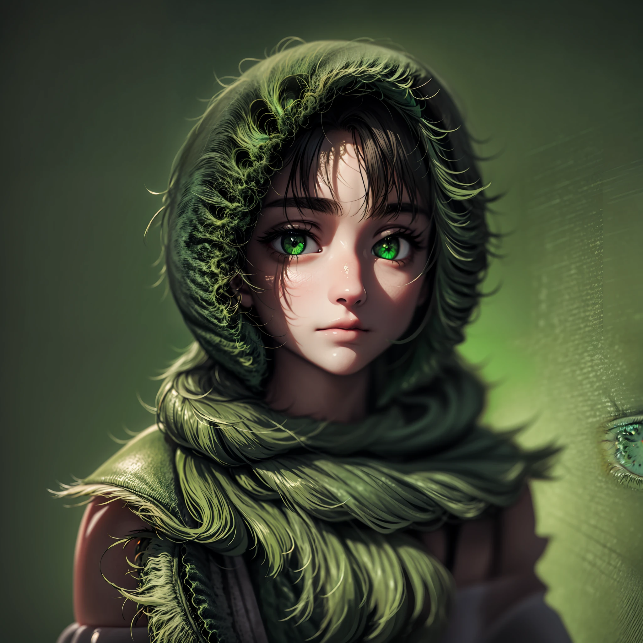 "Close up (masterpiece photo: 1.3) showcasing perfecteyes with a deep green gaze, captured in a realistic style (Realistic look: 1.3) against a black background."