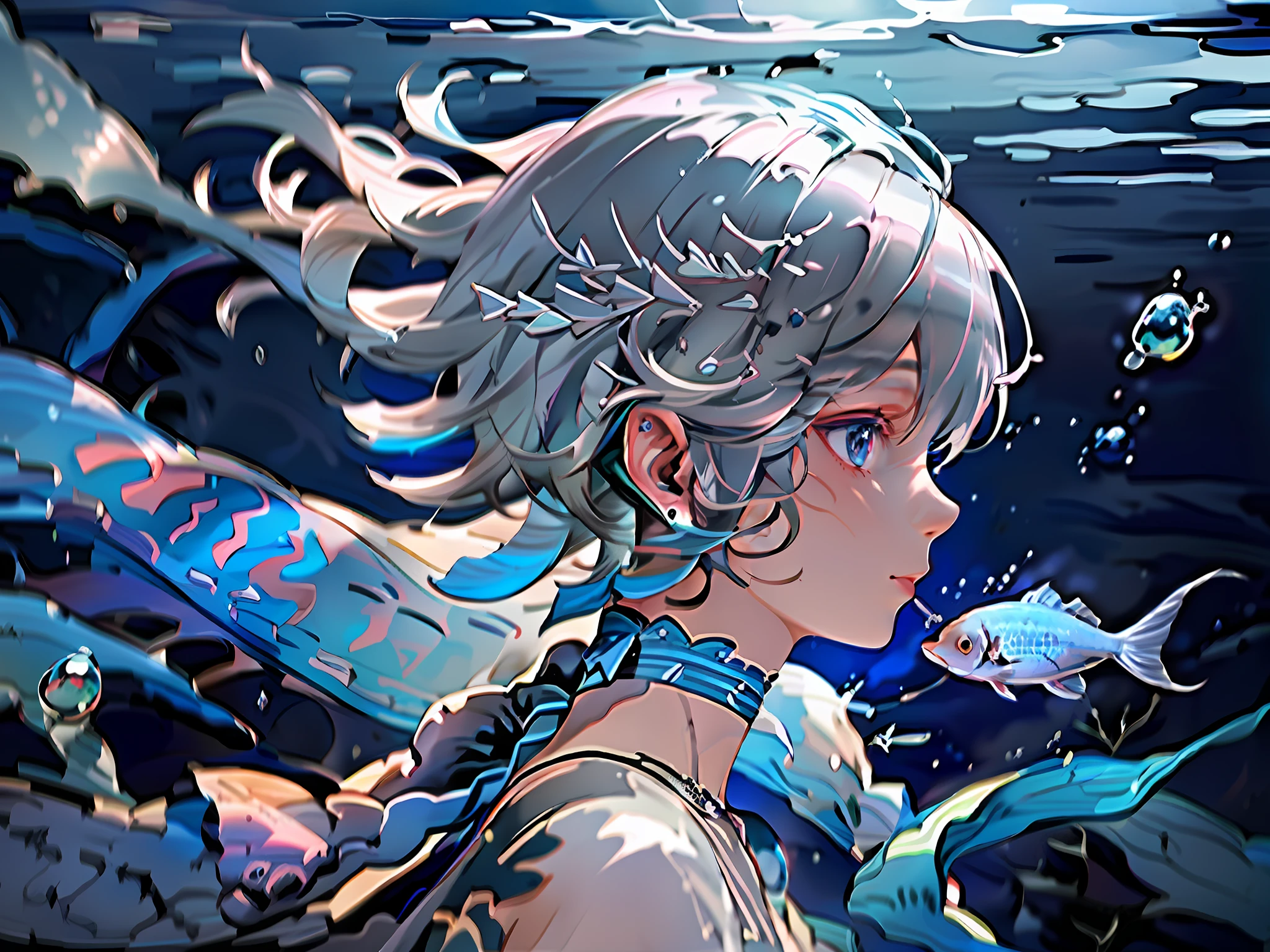 1girl, blue eyes, blue theme, fish, solo, jewelry, earrings, profile, bubble, choker, underwater, blue hair, short hair, blue choker, white hair, from side, air bubble, letterboxed, jellyfish, upper body, floating hair