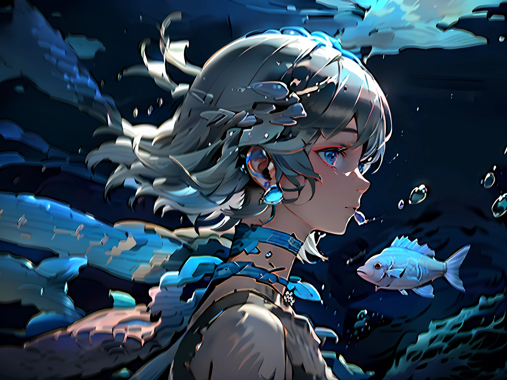 1girl, blue eyes, blue theme, fish, solo, jewelry, earrings, profile, bubble, choker, underwater, blue hair, short hair, blue choker, white hair, from side, air bubble, letterboxed, jellyfish, upper body, floating hair