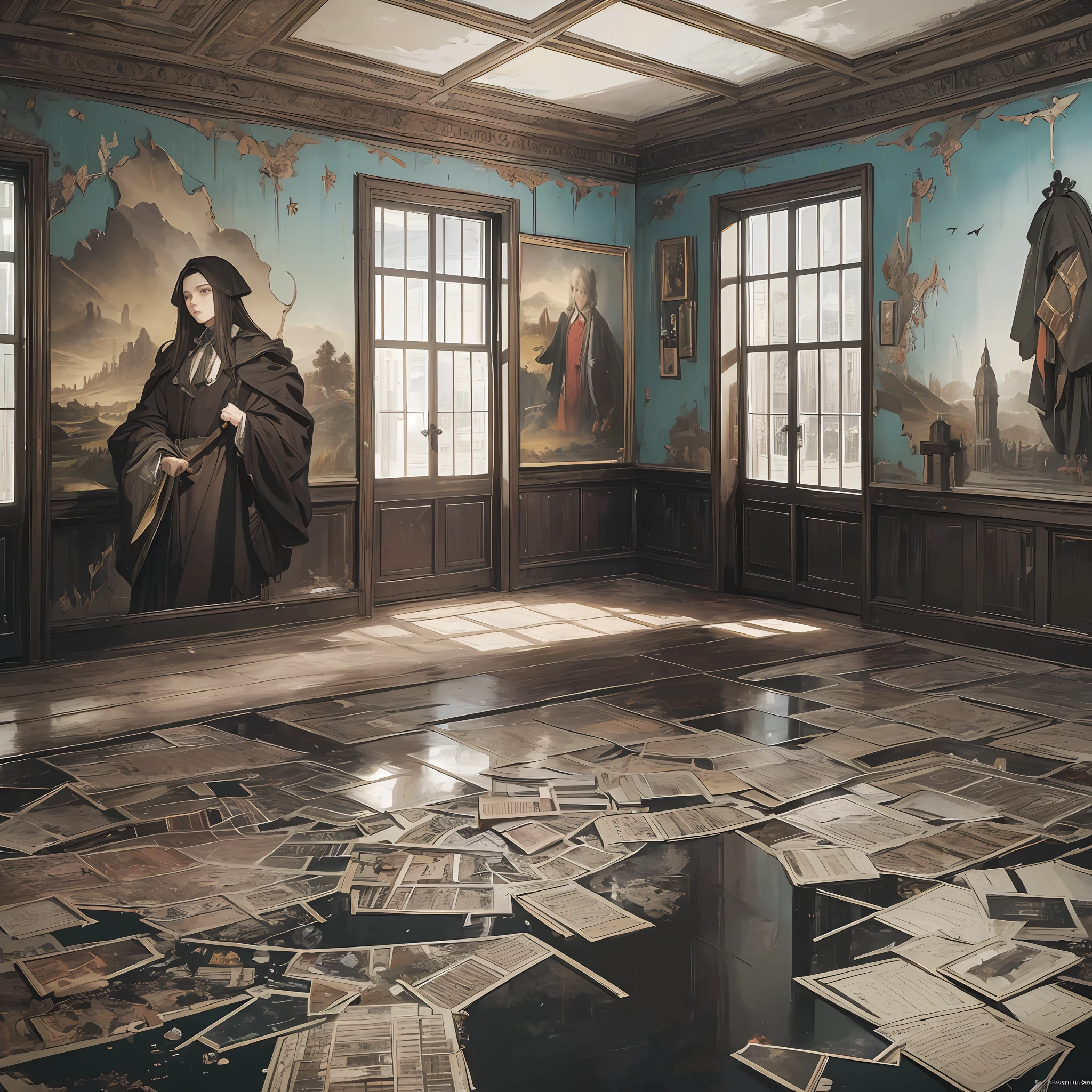 ((best quality)), ((masterpiece)), ((realistic)), dark school, school, horror paintings on the walls, landscape, general plan, illustration, highly detailed, sharp focus, digital rendering, professional, 4k, art station, --auto --s2