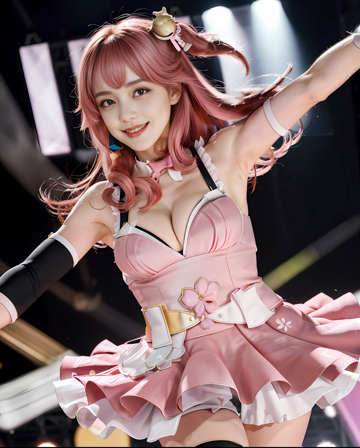 (Real: 1.7), ((Best Quality)), Absurdity, (Ultra High Definition), (Photorealistic: 1.6), Photorealistic, Octane Rendering, (Hyperrealistic: 1.2), 8K, miko4, 1girl, Hololive Idol Uniform, Miko Sakura, Idol Clothes, Green Eyes, Ahoge, Pink Hair, Solo, X Hair Ornament, Hair Clip, Single Thigh, White gloves, Long hair, Floral, Bell, Hairbell, ((cleavage)), Pink thighs, On stage, Armpits, Dancing, Smile, ((Big breasts))(Small face)))), natural hand shape