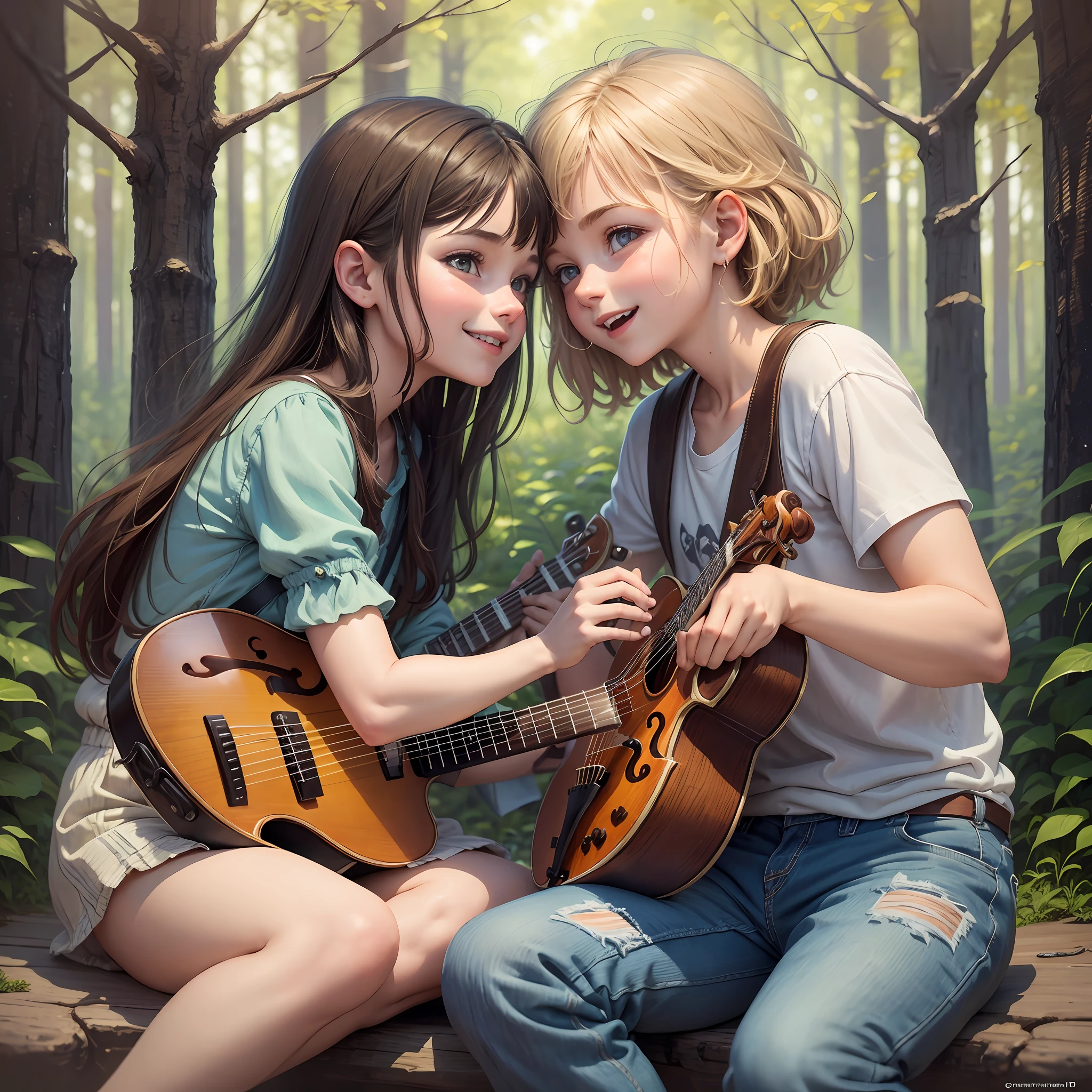 Painting of two smiling teenagers, heads turned towards each other, looking at each other, a young 15-year-old blonde girl and a 13-year-old boy with brown hair, cheerful, happy, gazing at each other with a sense of fraternity and love. The boy is playing a guitar in a forest. It is a 3D drawing of friends, created by Craig Davison and Elaine Hamilton. There is also a small viola being played by Orshi Drozdik, in the style of the animated film Shrek. The artwork is still in the form of an animated 3D film, similar to Disney Pixar's charming digital painting by Eugeniusz Zak. It is a cute and adorable piece of art by Nándor Katona, a masterpiece of high quality. --auto --s2