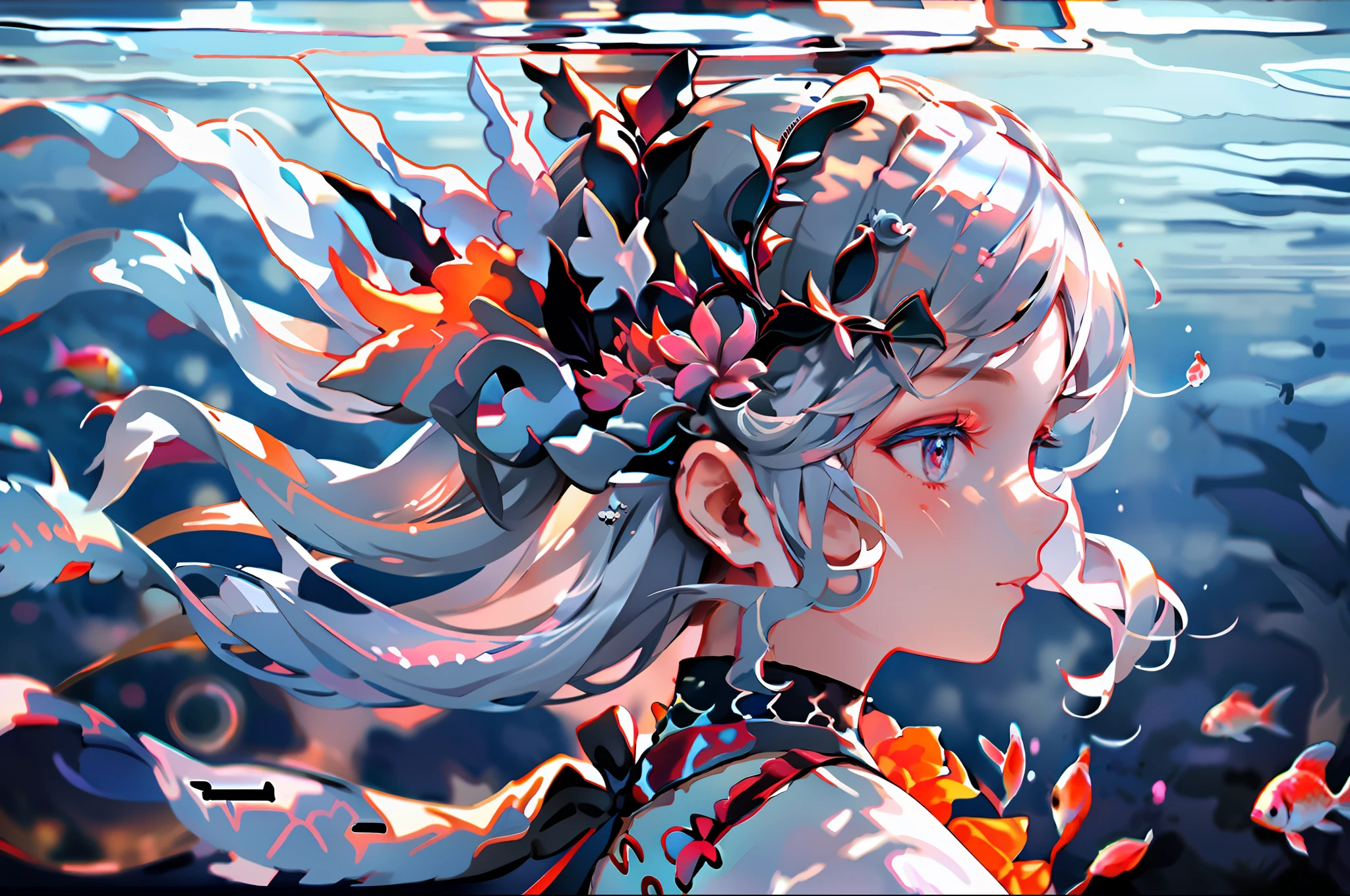 1girl, solo, fish, blue eyes, letterboxed, long hair, blush, goldfish, white hair, profile, floating hair, portrait, bangs, hair ornament, underwater, flower, hair flower, looking away, from side