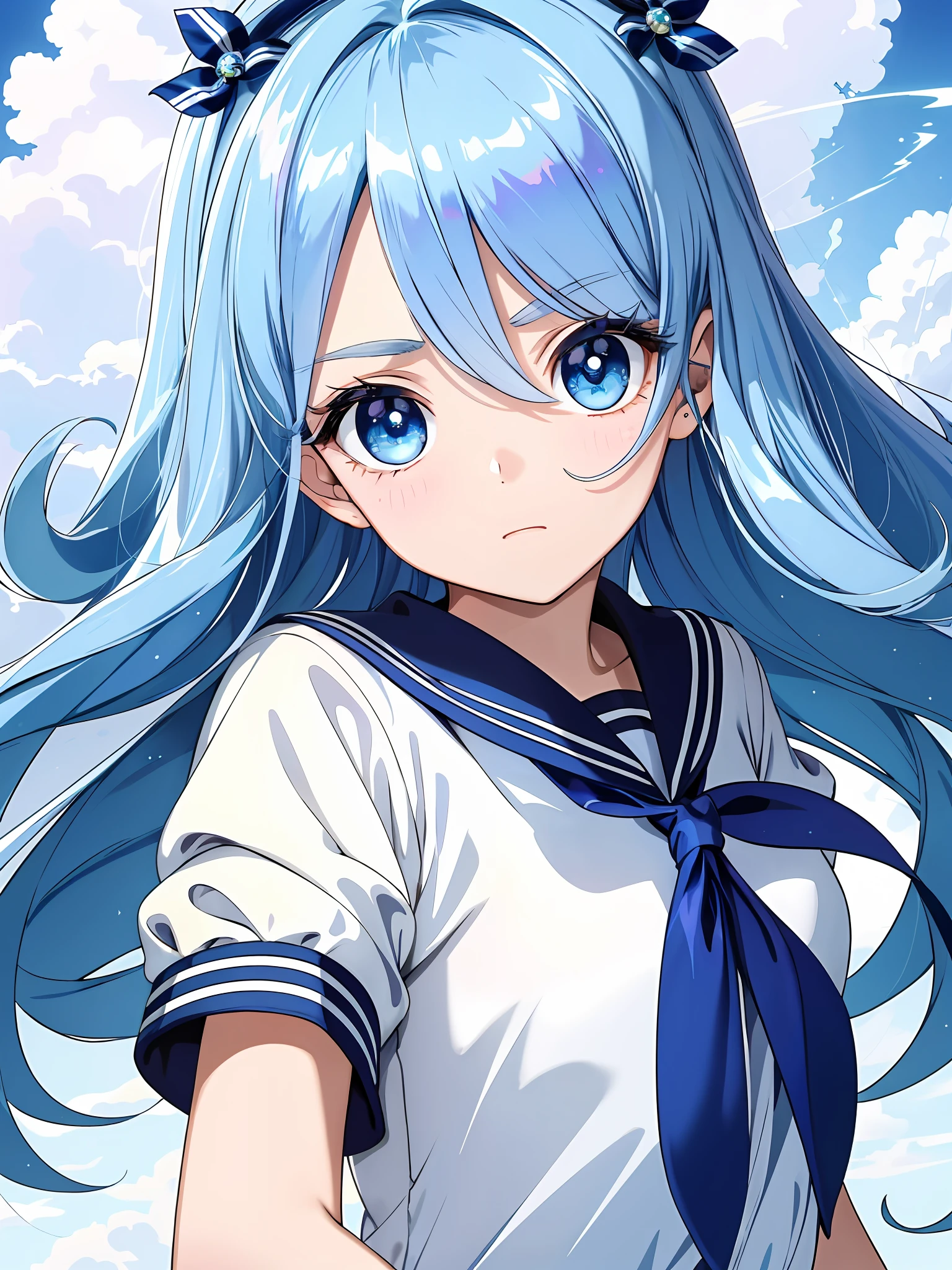 (masterpiece, best quality, super detail, break,, iridescent hair, big eyes, blue eyes, eyelashes long eyes,, break, hot, break,sailor suit, break, short sleeve, break, cloud, break,