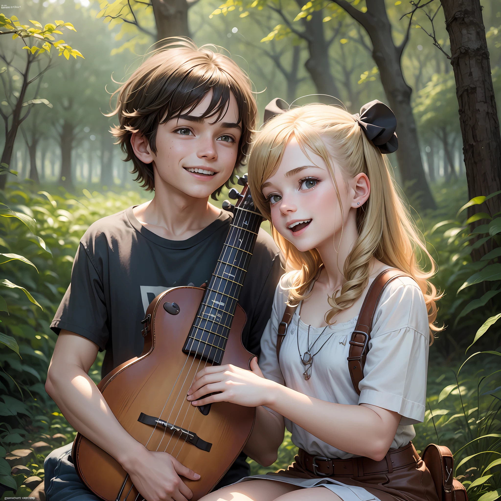 Painting of two smiling teenagers, heads turned towards each other, looking at each other, a young 15-year-old blonde girl and a 13-year-old boy with brown hair, cheerful, happy, gazing at each other with a sense of fraternity and love. The boy is playing a guitar in a forest. It is a 3D drawing of friends, created by Craig Davison and Elaine Hamilton. There is also a small viola being played by Orshi Drozdik, in the style of the animated film Shrek. The artwork is still in the form of an animated 3D film, similar to Disney Pixar's charming digital painting by Eugeniusz Zak. It is a cute and adorable piece of art by Nándor Katona, a masterpiece of high quality. --auto --s2
