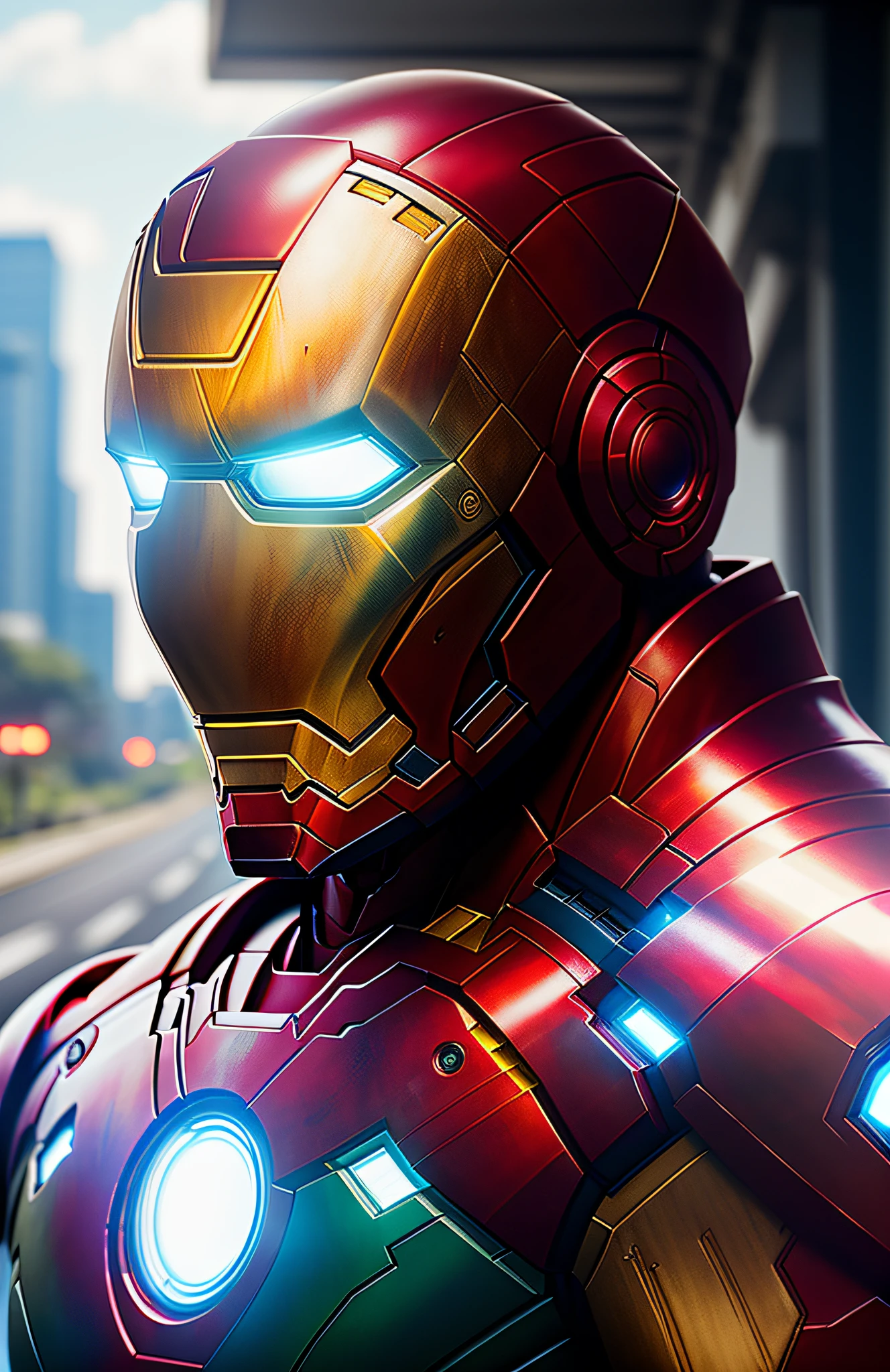 Iron Man portrait photography ((Marvel)), looking out of camera in bright futuristic jacket, super realistic face, eyes visible through hair, proper eye position, natural skin, soft light, rim light, hips, on the side of the road, detailed background, intricate, highly detailed, octane render, HD, 8k, by Annie Leibovitz, 120mm
