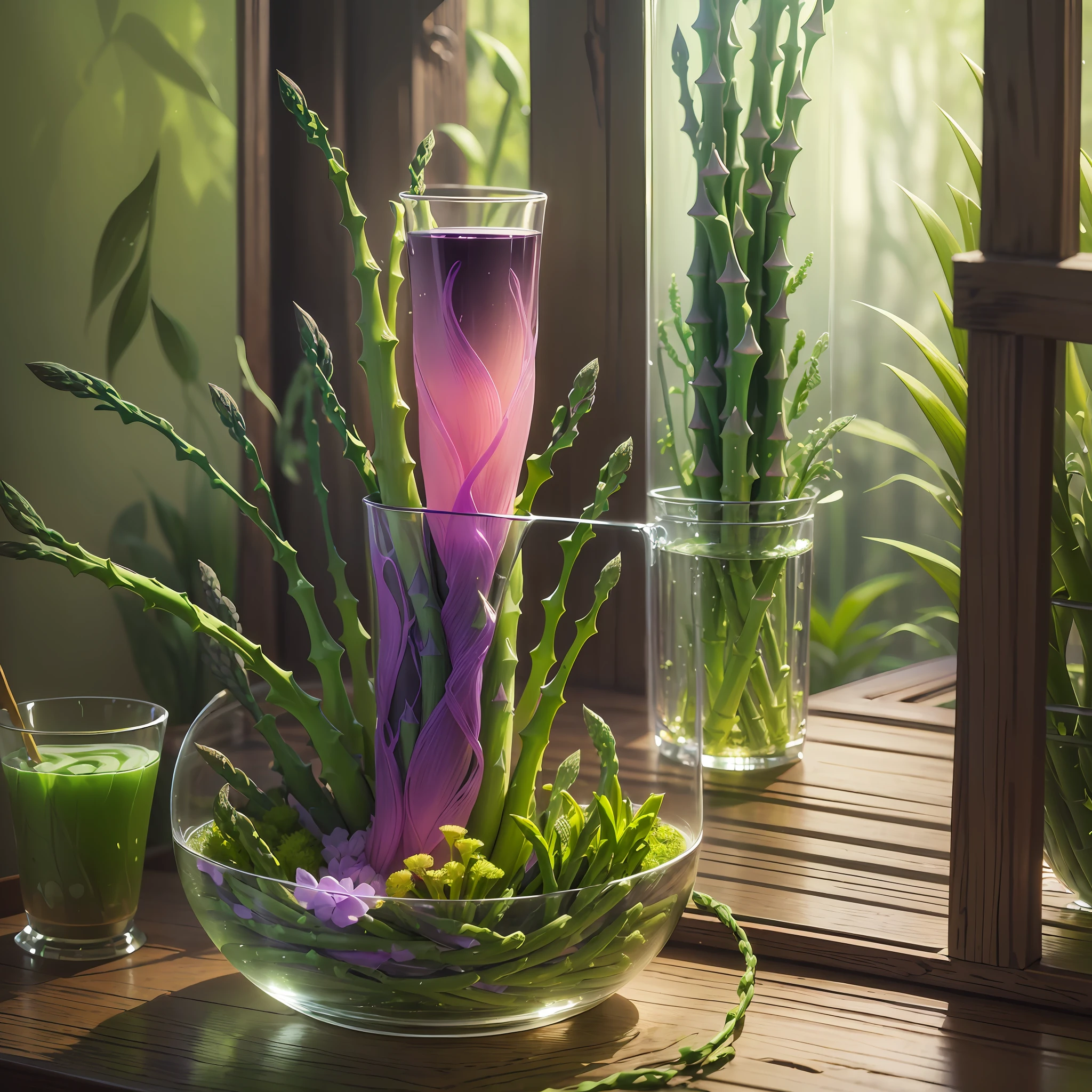 Computer Visualized Graphics, Realistic Fantasy, Extensive Landscape Ultrasound Photography (general view showing a glass glass, roots braiding the glass, sansevieria, asparagus moss family), blurred background, gloomy, yellow, green, purple background, pink, warm, magic --auto --s2
