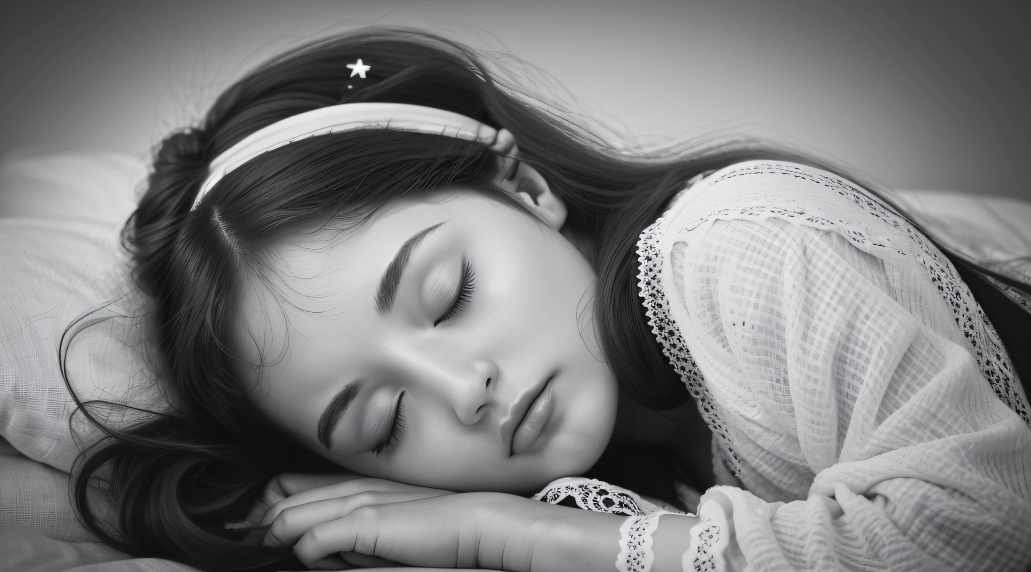 CHILD woman with a headband and closed eyes, sleepy fashion model face, dreaming face, peaceful face, beautiful languid princess, peaceful expression, taylor swift as a celestial angel, black and white portrait, p&m photo, sleeping princess!!!!, sleepy, head resting on hands, with eyes closed, black and white portrait, solemn expression