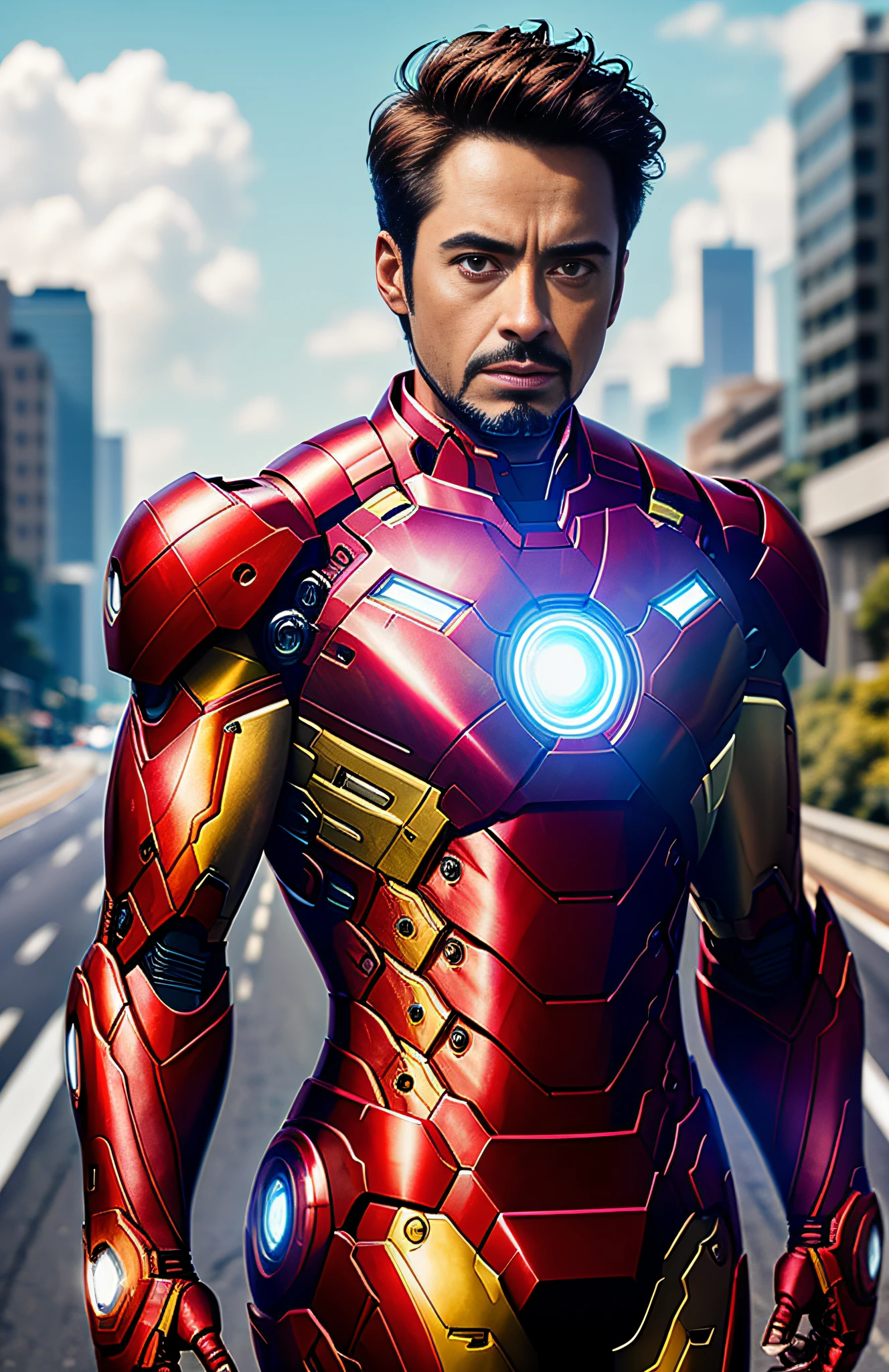 Iron Man portrait photography ((Marvel)), looking out of camera in bright futuristic jacket, super realistic face, eyes visible through hair, proper eye position, natural skin, soft light, rim light, hips, on the side of the road, detailed background, intricate, highly detailed, octane render, HD, 8k, by Annie Leibovitz, 120mm