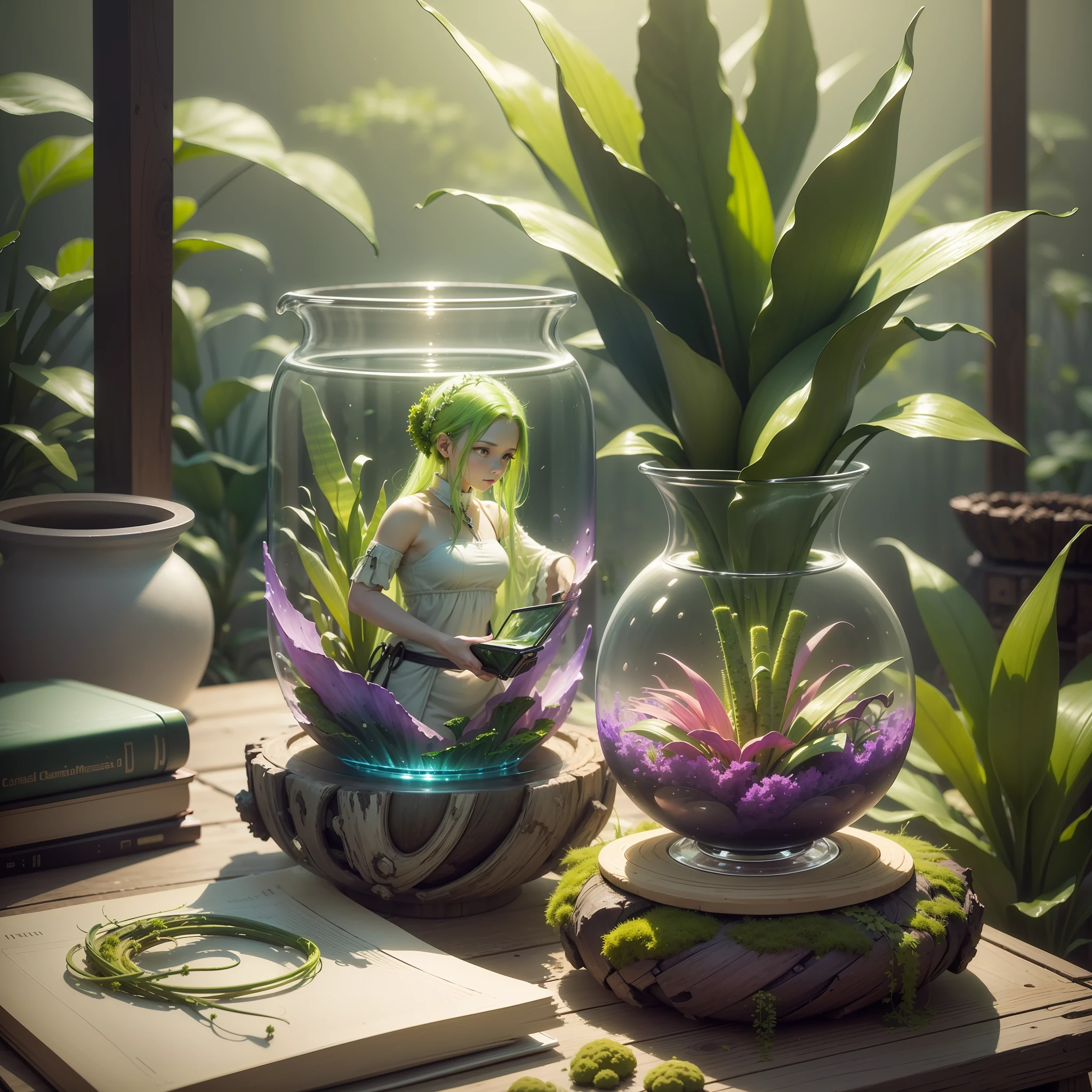 Computer Visualized Graphics, Realistic Fantasy, Extensive Landscape Ultrasound Photography (General View Showing Glass Glass, Sansevieria, Moss, Driftwood), Blurred Background, Gloomy, Yellow, Green, Purple Background, Pink, Warm, Magic --auto --s2