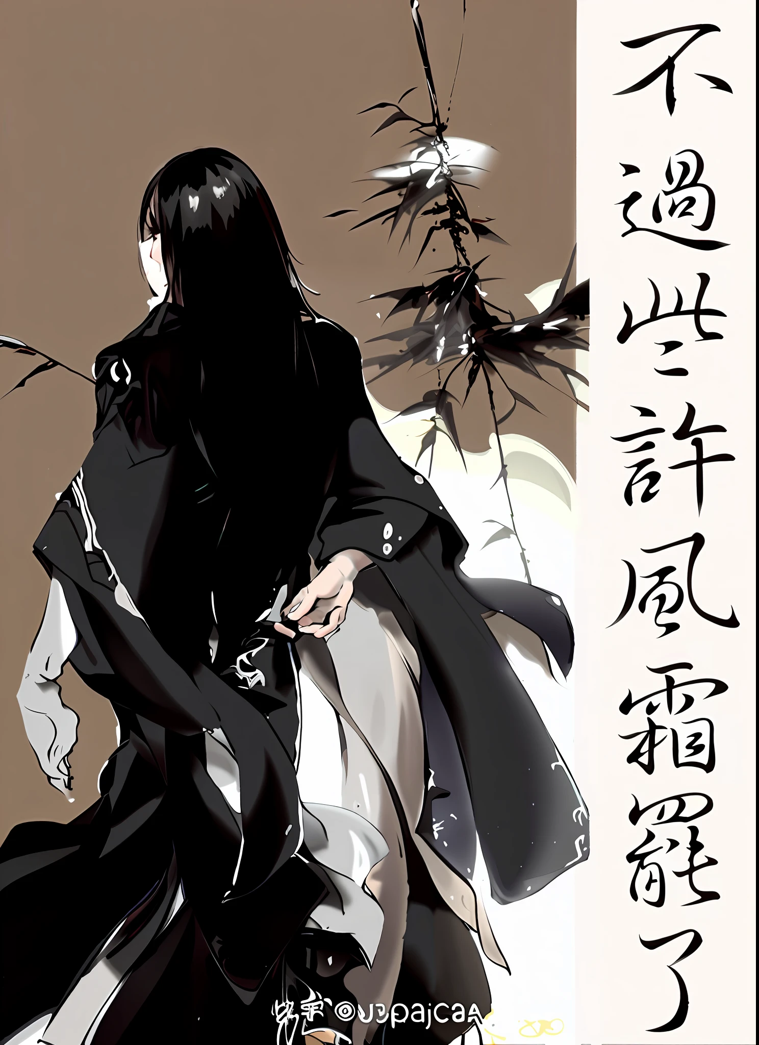 A young man wearing a black and white dress, flowing hair and a robe, wearing a long-haired cloak, full of killing intent, and his back is resolute