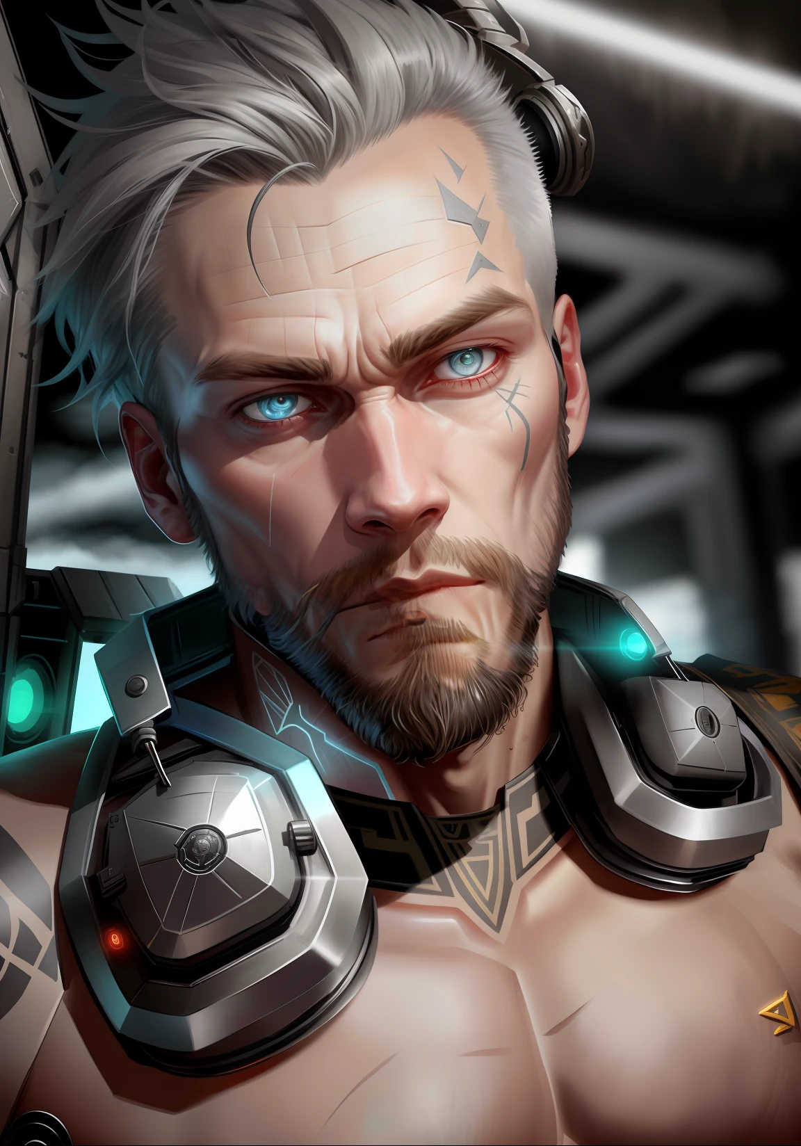 A cybernetic viking man in the range of 27 years old, barbaric muscular stereotype, with Viking wolf fur coat (Viking mechanical parts: 1.5), fighting, bright shadow eyes, short hair, tight supersuit torn, in a destroyed city, smoke and fire, aura of brilliant power, dynamic pose, dynamic vision, hyper detailed, 8k quality, with tattoo on the arm, Clock of thorns in the chest and in the headset, merge images, hyper realism. Enjoy original photo base, mechanical and human bust with Viking coat of arms thorns. With gray goatee and gray hair.