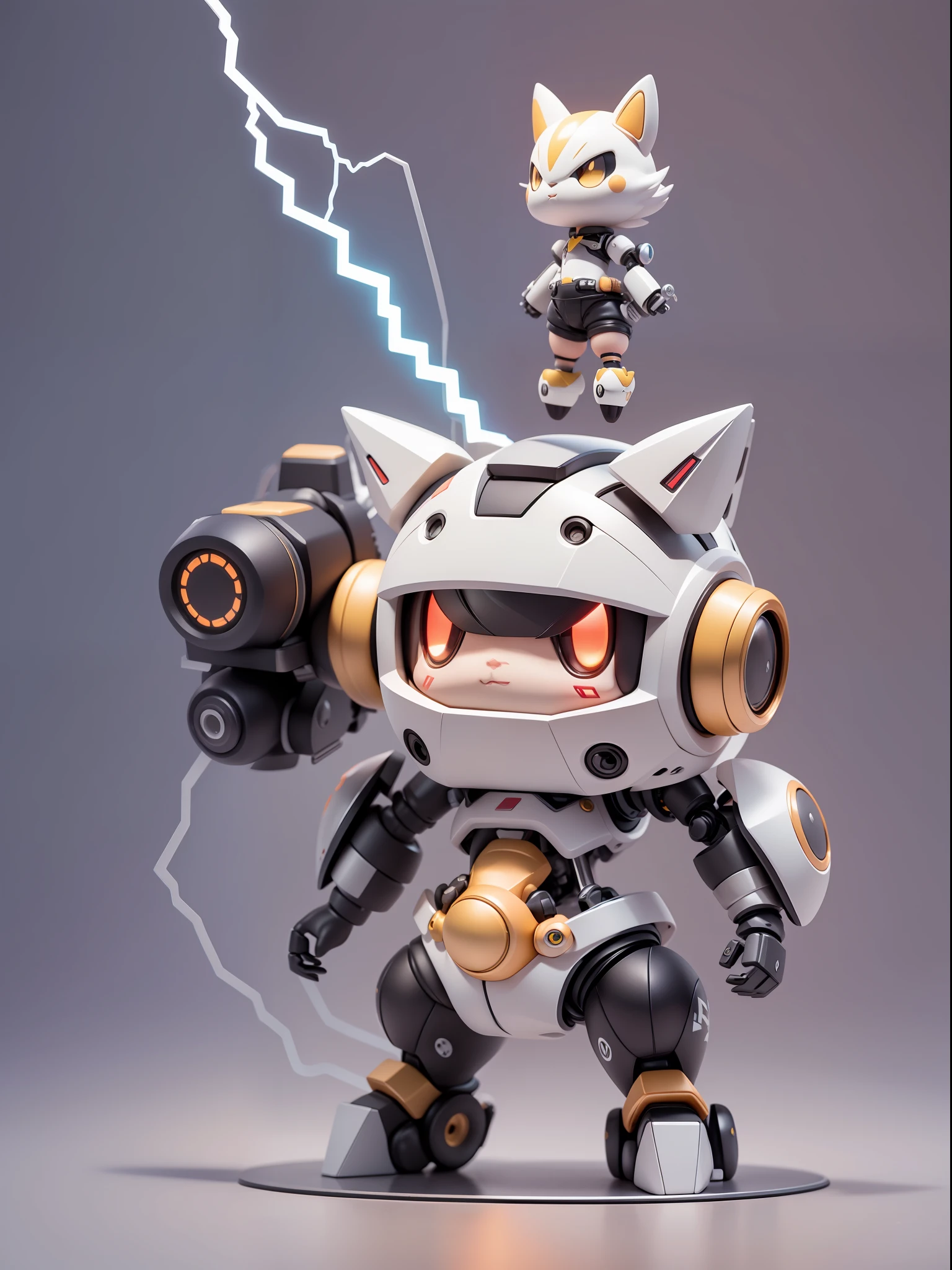 (Mechanical: 1.331), (Mechanical Tail), Cute Style, Small, Big Head, 3D Rendering, ((Q Version)), Pokémon Style, Machine Style, Cinematic Texture, Figures, Pokémon, Movie Lights, Heavy Robotic Arm, Mechanical Belly, Mechanical Legs, Mechanical Legs, Mechanical Sense, Background Surround Lightning, Spinning, Colorful Lightning, Lightning, Cool, Clean White Background, Ray Tracing, Premium Colors, Full Body 3D Model, Action, Stylish Blind Box Toys. (fill body:1.2),chibi