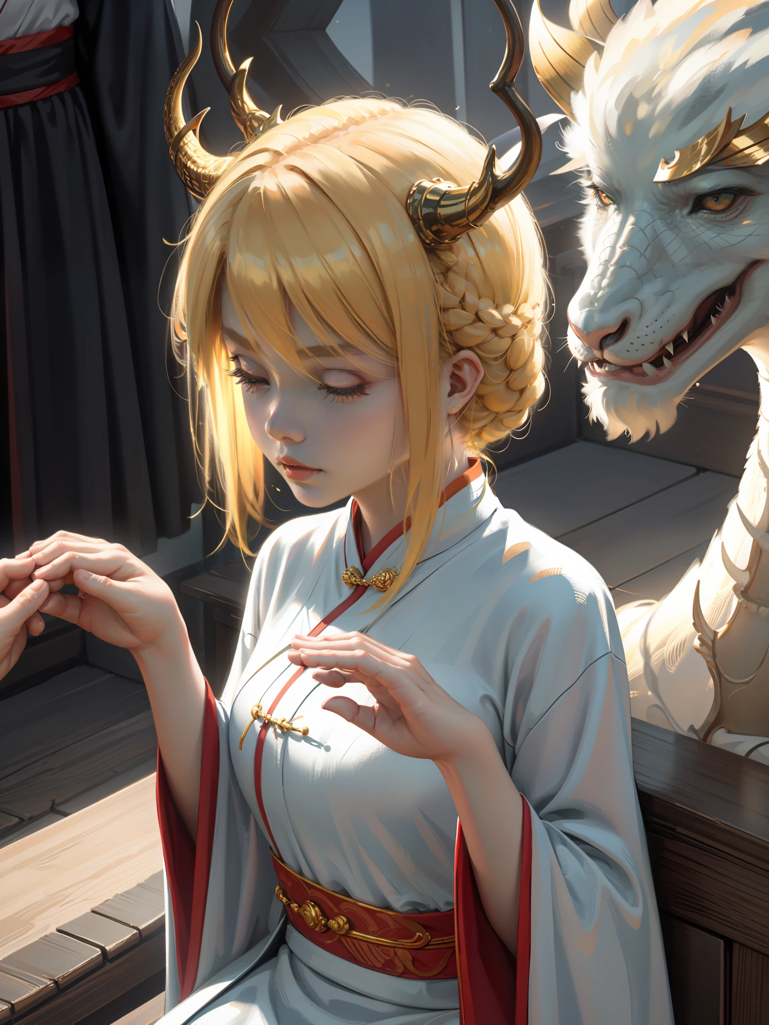 Ultra-clear, fine, a Chinese dragon surrounds the girl, the girl crosses her hands to cast spells, the girl has dragon horns and golden hair ornaments on her head, Hanfu, natural light