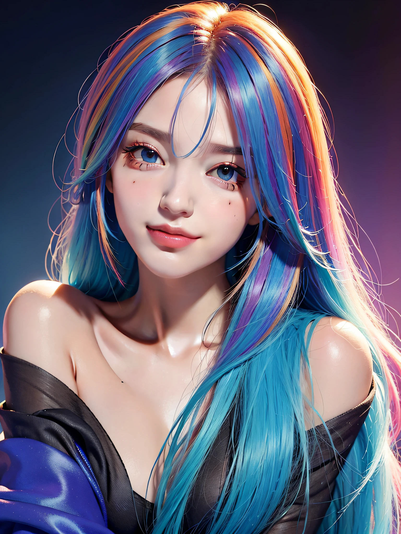 Best quality, masterpiece, super high resolution, multicolored hair, long hair, asymmetric bangs, gradient eyes, eyeballs, shyness, smile, evil, off-the-shoulder, character setting, close-up, surrealism, UHD, award-winning, bust