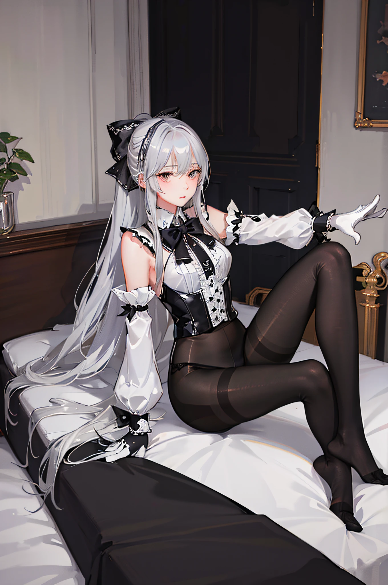 (((1 girl)),ray tracing,(dim lighting),[detailed background (bedroom)),((silver hair)),((silver hair)),(Fluffy silver hair, plump slender girl)) with high ponytail)))) Avoid blonde eyes in the ominous bedroom ((((Girl wears intricately embroidered black high-waisted pants with pantyhose) and white ruffled bow gloves), showing a delicate slim figure and graceful curves, correct limbs, sitting on the bed