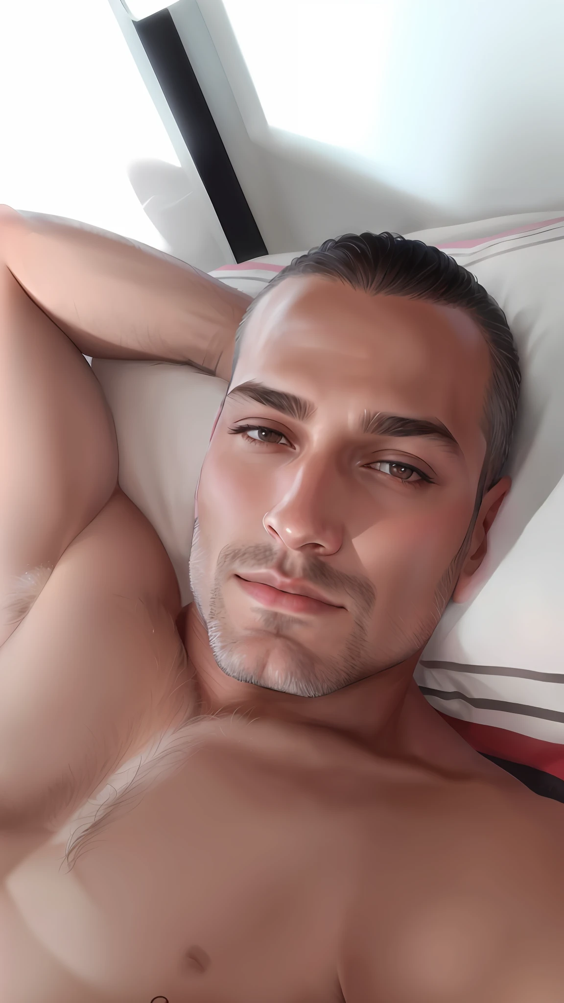 There is a man lying on a bed with his head in his hands, 40 years old man, 38 years old, A closeup of a man, headshot profile picture, Ismail, male vampire, realistic beautiful face, smooth, realistic male portrait, detailed beauty portrait, realistic shaded perfect face, beautiful realistic face, digital art of an elegant and detailed realistic face portrait,  Photorealistic beautiful face, digital art portrait, closed-faced male portrait, 8K, futuristic.