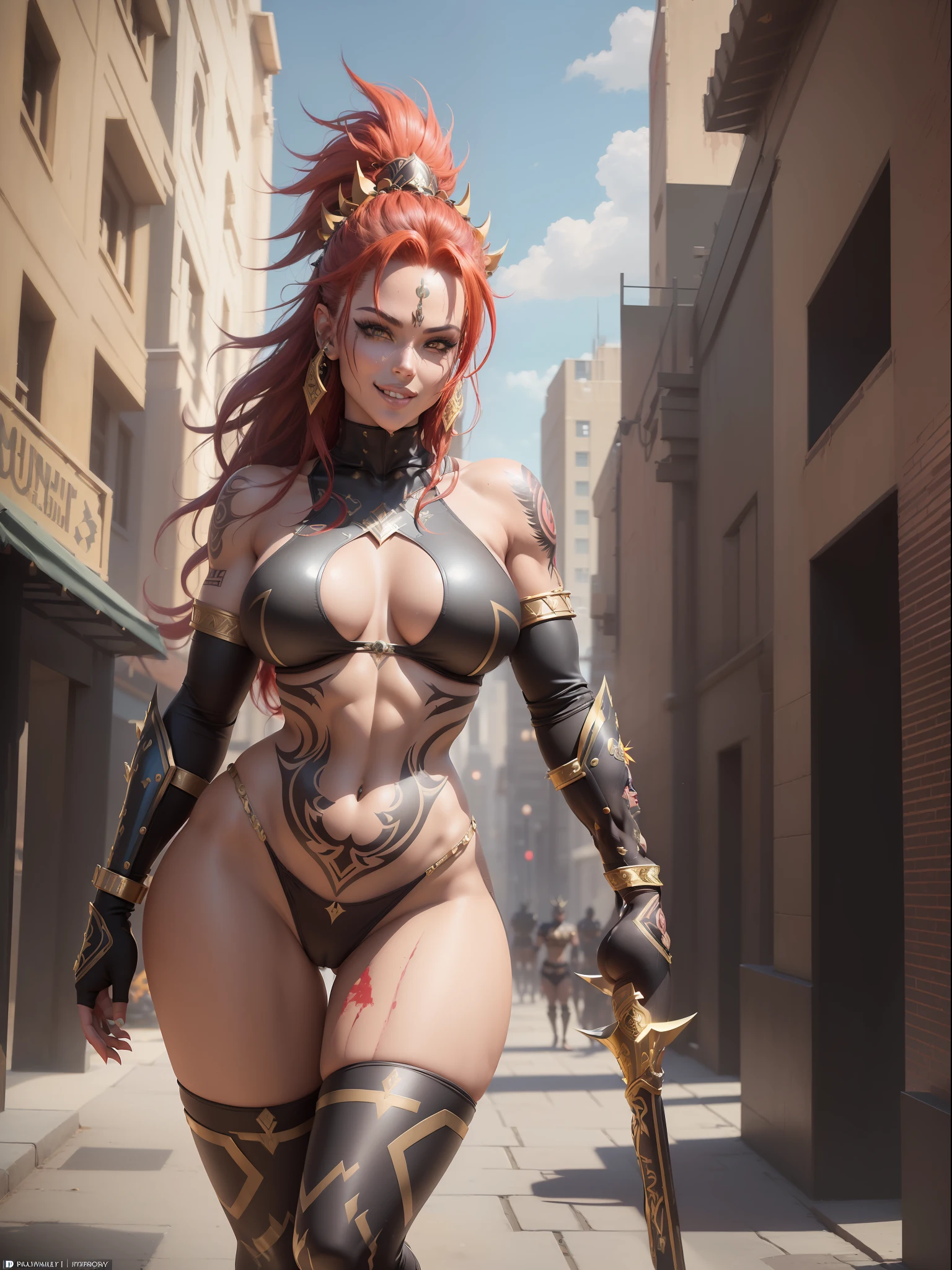 ((Full body. standing):2) (({Only 1/Female}):1.5):{((wearing black Spartan warrior costume with gold parts, extremely sexual, short and tight on the body):1.5), (( extremely large breasts):1.5), ((red mohawk hair, red eyes):1.5) ((tattoos all over body, blood running down body, looking at viewer, seductive smile):1.5), ((striking erotic poses) :1.5)}; {((Background:Spartan city full of Spartan warriors):1.5)}, Hyperrealism, 16k, ((best quality, high details): 1.4), anatomically correct, masterpiece, UHD