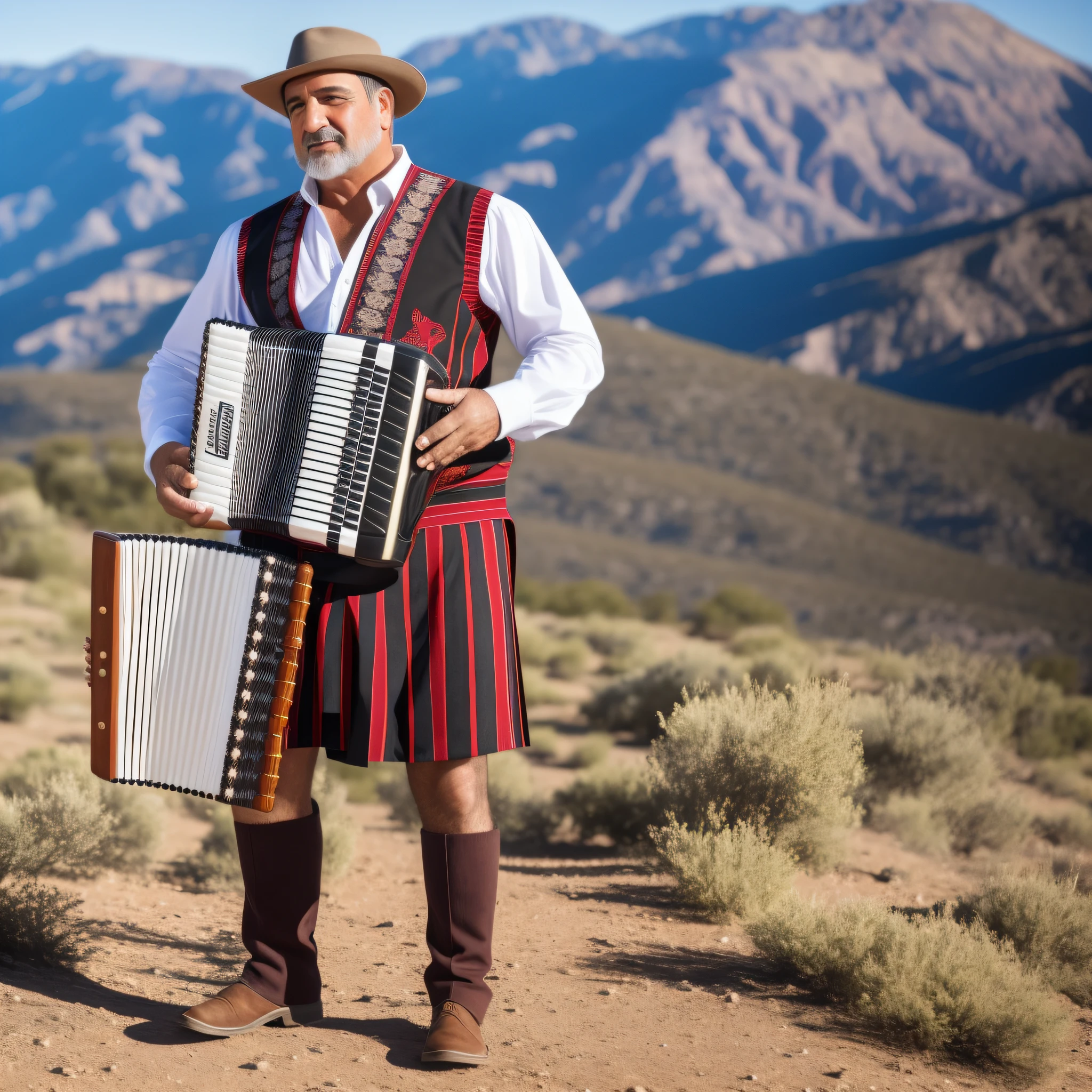 Middle-aged man, in gaucho clothes, playing accordion, full body, standing, absolute white background --auto --s2