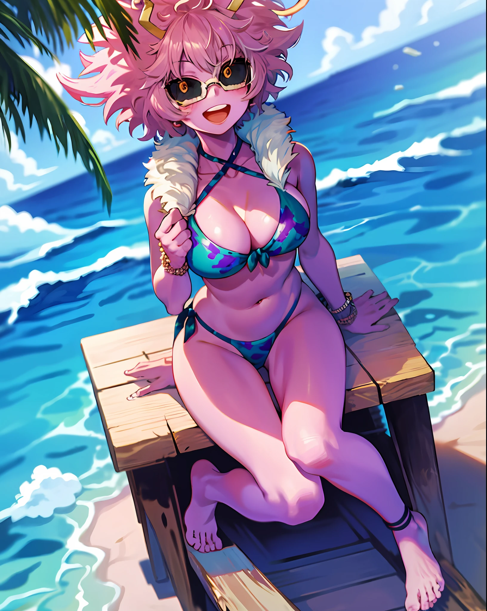 Mina Ashido, swimsuit, 1girl, breasts, solo, micro bikini bottom, neckline, navel, beach, sitting, smile, prey, looking at the viewer, open mouth, large breasts, bracelet, outdoor, wariza, jewelry, sand, top-front tie, day, top-bikini front tie, :d,, water, halterneck, fur tusk, barefoot, string bikini, belly, blush, thighs, collarbone, beaded bracelet,