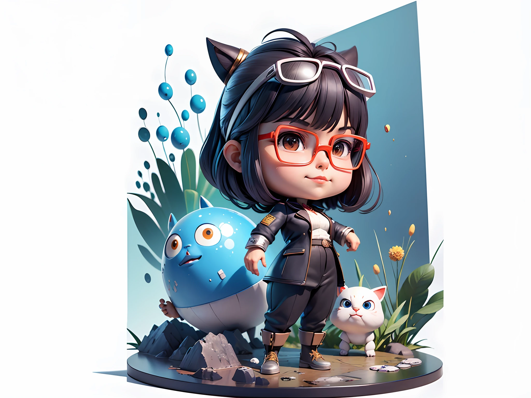 Masterpiece), (Excellent), (Super Meticulous), (Full Body: 1.2), Super Young Woman, Beautiful, Sexy, Bursting, Oriental Face, TV Anchor, Bust Portrait Illustration, Alone, Black Suit, Blue Tie, Silver Glasses, Slightly Chubby Face, Very Clean Face, No Beard, Black Super Short Hair, Black Eyes, Confident Smile, 3c Computer Sub-Products, iPad, iPhone, Digital Painting, 3D Character Design by Akira Toriyama with Mark Claireden and Pixar and Hayao Miyazaki, The illustration is a high-definition illustration in 4K resolution with very detailed facial features and cartoon-style visuals.