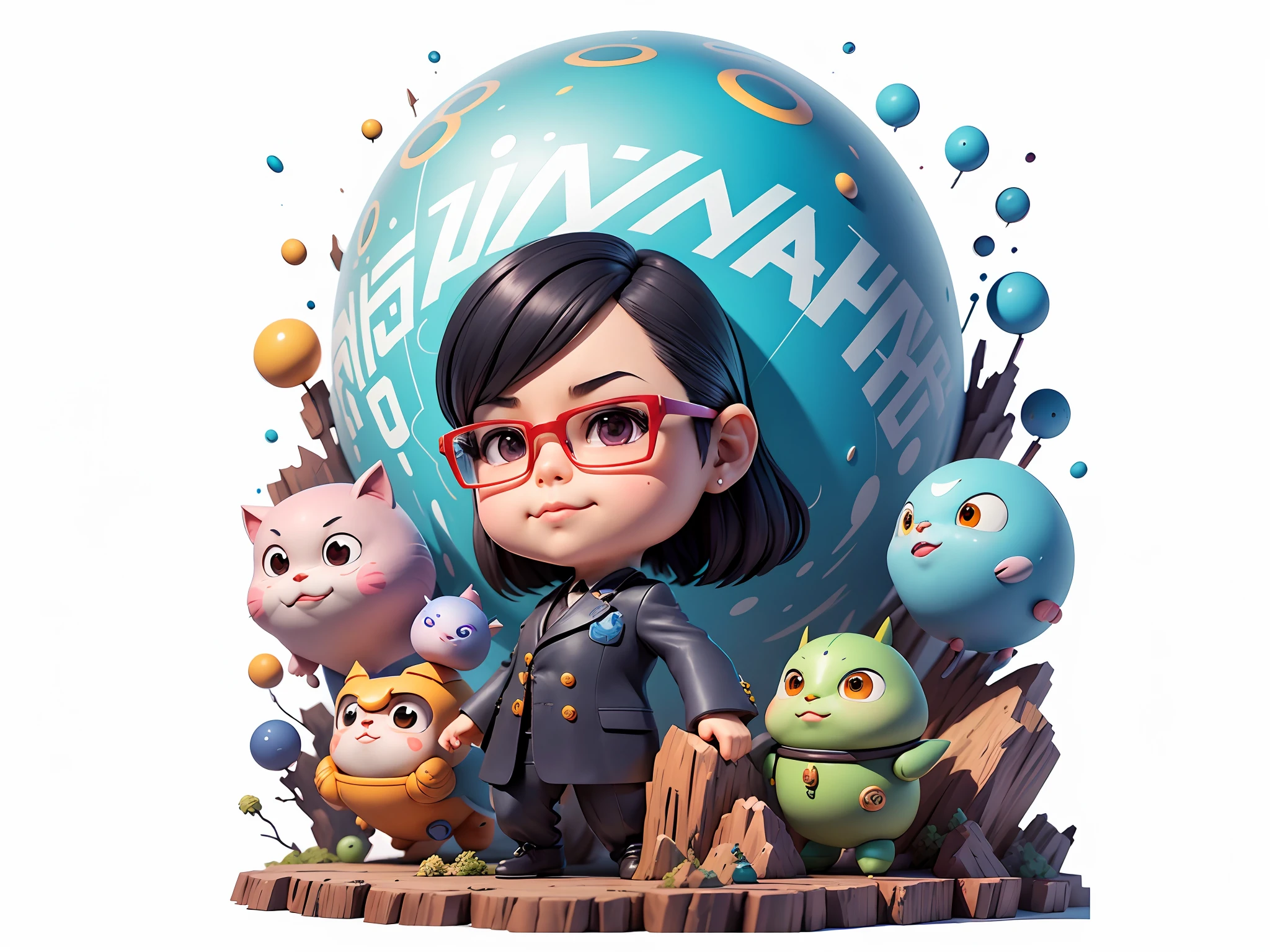 Masterpiece), (Excellent), (Super Meticulous), (Full Body: 1.2), Super Young Woman, Beautiful, Sexy, Bursting, Oriental Face, TV Anchor, Bust Portrait Illustration, Alone, Black Suit, Blue Tie, Silver Glasses, Slightly Chubby Face, Very Clean Face, No Beard, Black Super Short Hair, Black Eyes, Confident Smile, 3c Computer Sub-Products, iPad, iPhone, Digital Painting, 3D Character Design by Akira Toriyama with Mark Claireden and Pixar and Hayao Miyazaki, The illustration is a high-definition illustration in 4K resolution with very detailed facial features and cartoon-style visuals.