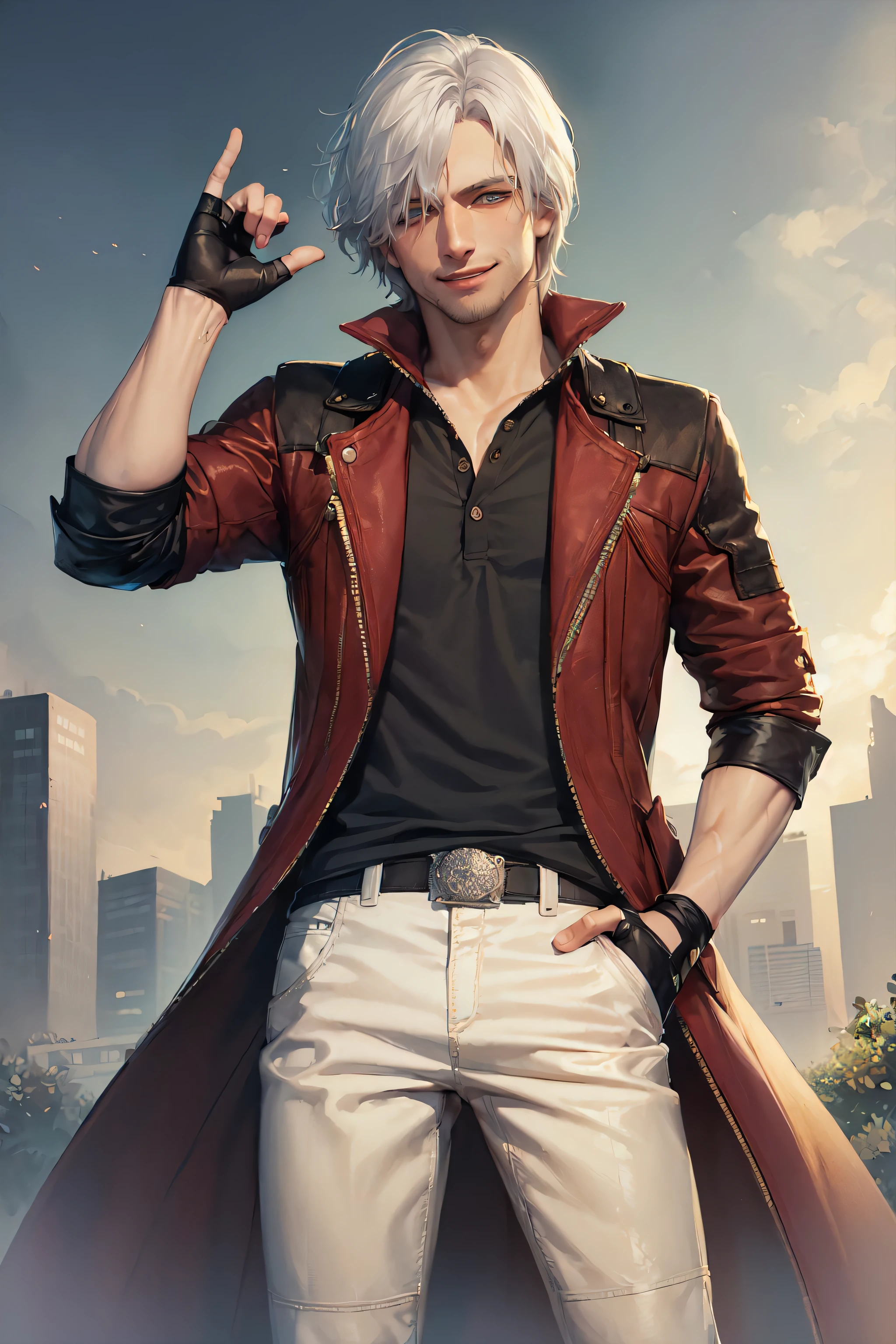 (masterpiece, best quality:1.2), cowboy shot, solo, male focus, 1boy, dante, smile, looking at viewer, hand in pocket, white hair, open clothes, coat, black pants, (fingerless gloves:1.1), belt