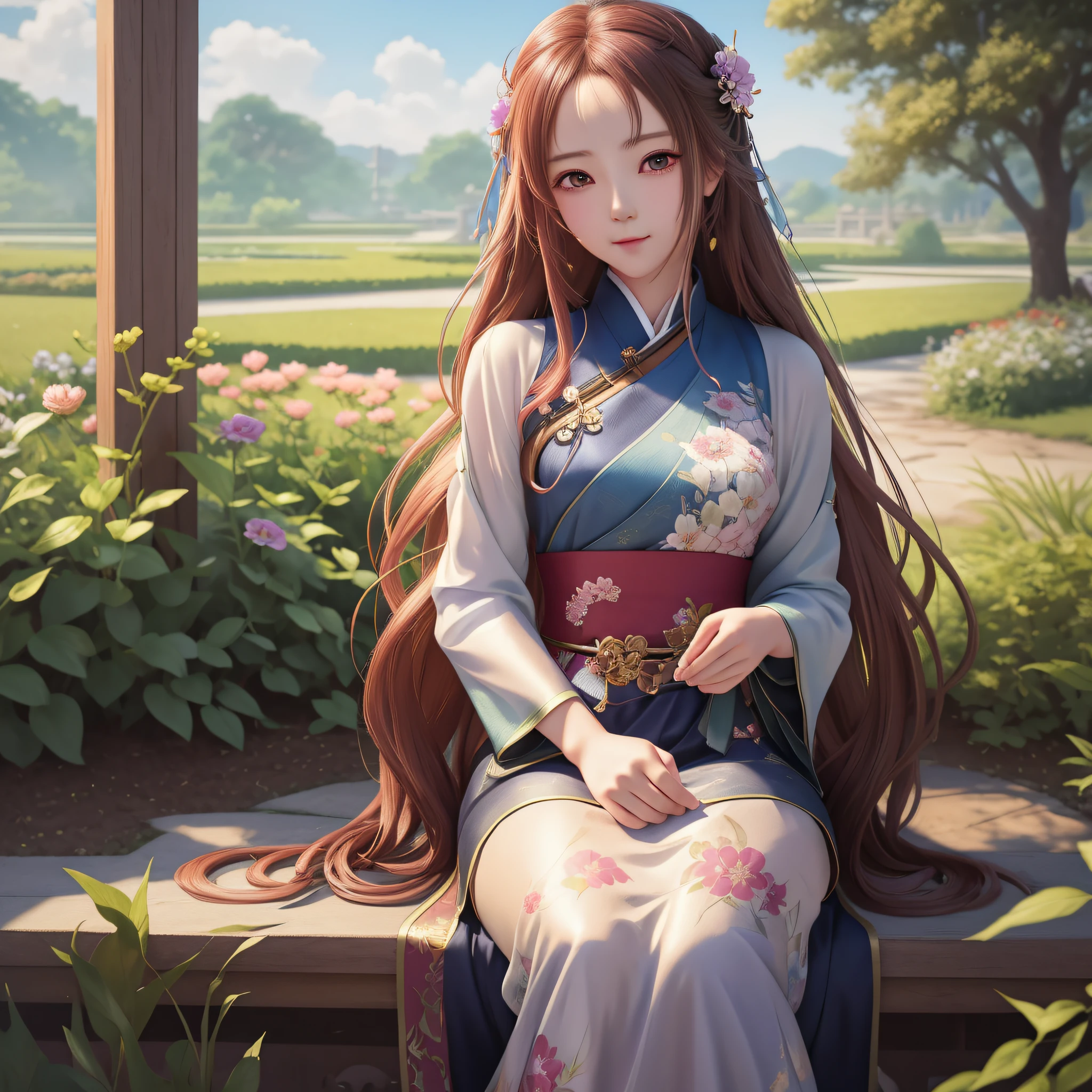 anime girl sitting on a bench in a garden with flowers, palace , a girl in hanfu, artwork in the style of guweiz, trending on cgstation, beautiful character painting, guweiz, beautiful anime girl, beautiful anime portrait, anime girl with long hair, beautiful anime style, guweiz on pixiv artstation, beautiful anime woman