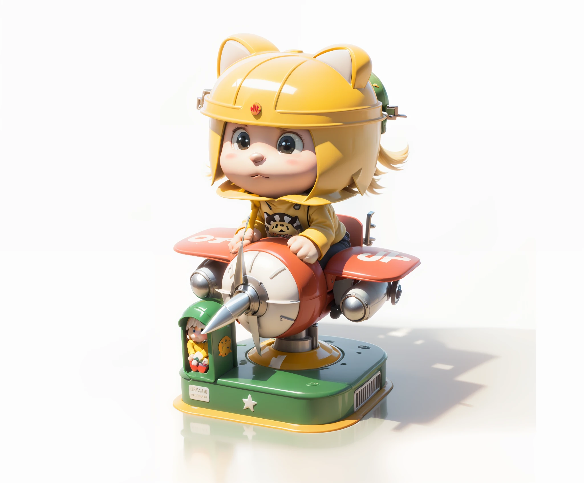 There is a toy with a doll with a helmet, puppy hood, hamburger hood, a cat riding a motorcycle, inside the hood is a hamburger, sitting on an airplane, the character is flying, Animal Crossing character, toy design, cute 3D rendering, Pixar style rendering, cute detailed digital art, cute stickers, 3d rendering stylized, c4d, airplane on green amusement equipment base,