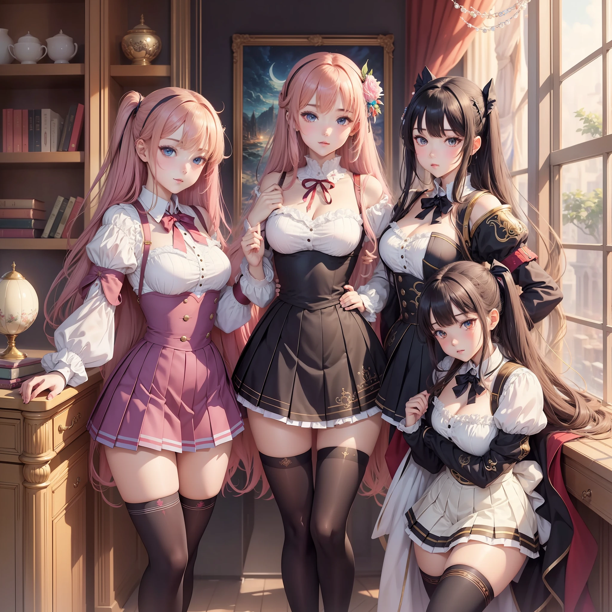 very high image quality, high quality, masterpiece, exquisite, 16k, anime, manga, illustration, fantasy, many beautiful women, group shot, pleated miniskirt, knee high socks, colorful --auto --s2