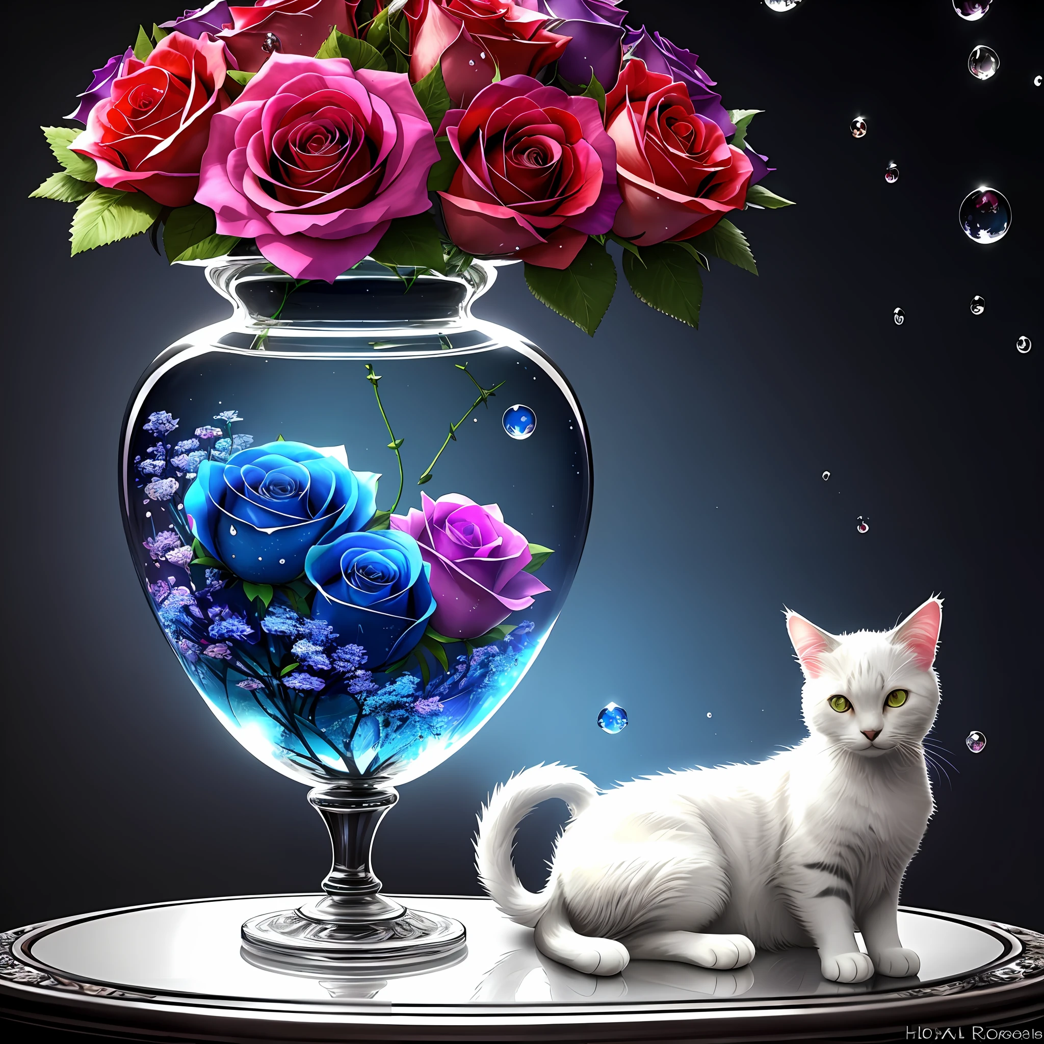 A cute cat is resting in front of a shining crystal glass vase with fractal roses on it. The vase is surrounded by drops of liquid colorful splashing in the air. The art was inspired by Hedi Xandt, a zbrush central contest winner. It is baroque, colorful, and ornate. The vase is made of crystal glass and is decorated with fractal roses. The roses are colorful and are splashing in the air. The cat is cute and is resting in front of the vase.