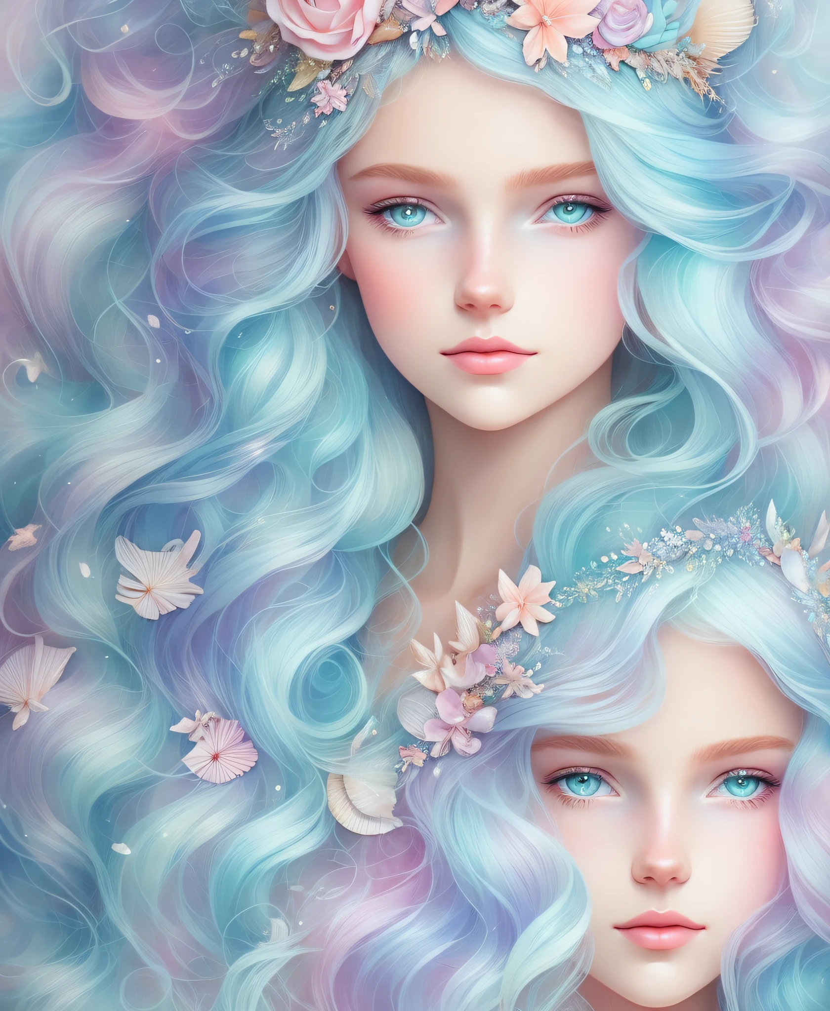 Princess girl with wing, Blue, Pastel, glitter, dramatic, dreamy, pastel, Watercolor, Whimsical, Delicate, seashell crown, Trending on Artstation, Highly detailed, Intricate, Portrait, digital painting, Fantasy theme, Fantasy robes, Fantasy concept art, Fantasy character art, Smug, age girl, perfect body, full body, dreamy, pastel, Watercolor, Whimsical, Delicate, seashell crown, art by loish and lois van baarle, Trending on Artstation, Highly detailed, Intricate, Portrait, digital painting