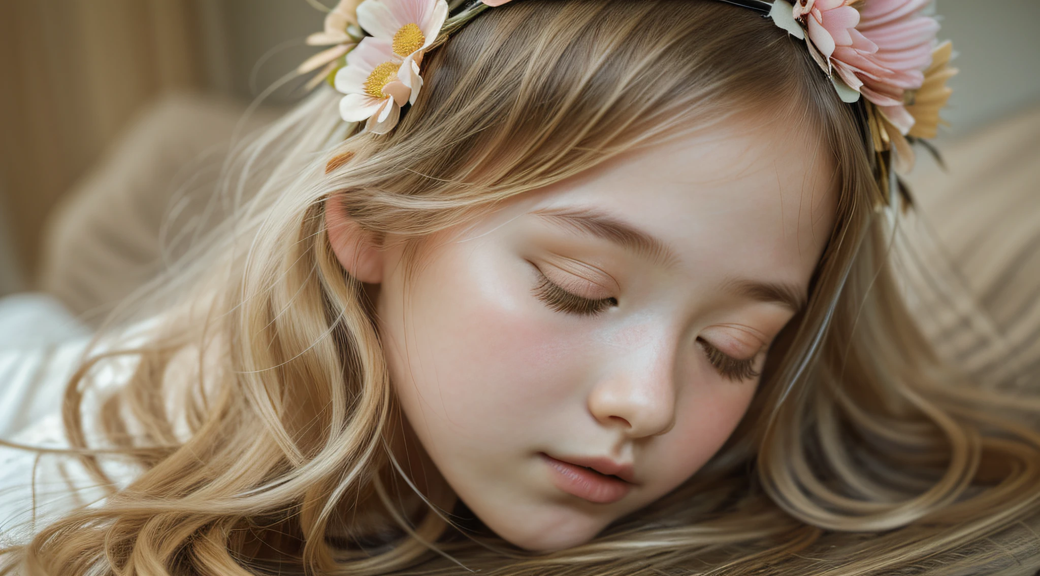 there is a young CHILD girl with a flower in her hair, beautiful languid princess, cute young girl, sleepy fashion model face, flower child, sleeping princess!!!!, girl with a flower head, beautiful young girl, beautiful young girl, beautiful young model, young woman with closed eyes, blond-haired princess, sleepy expression, beautiful girl, wearing a headband