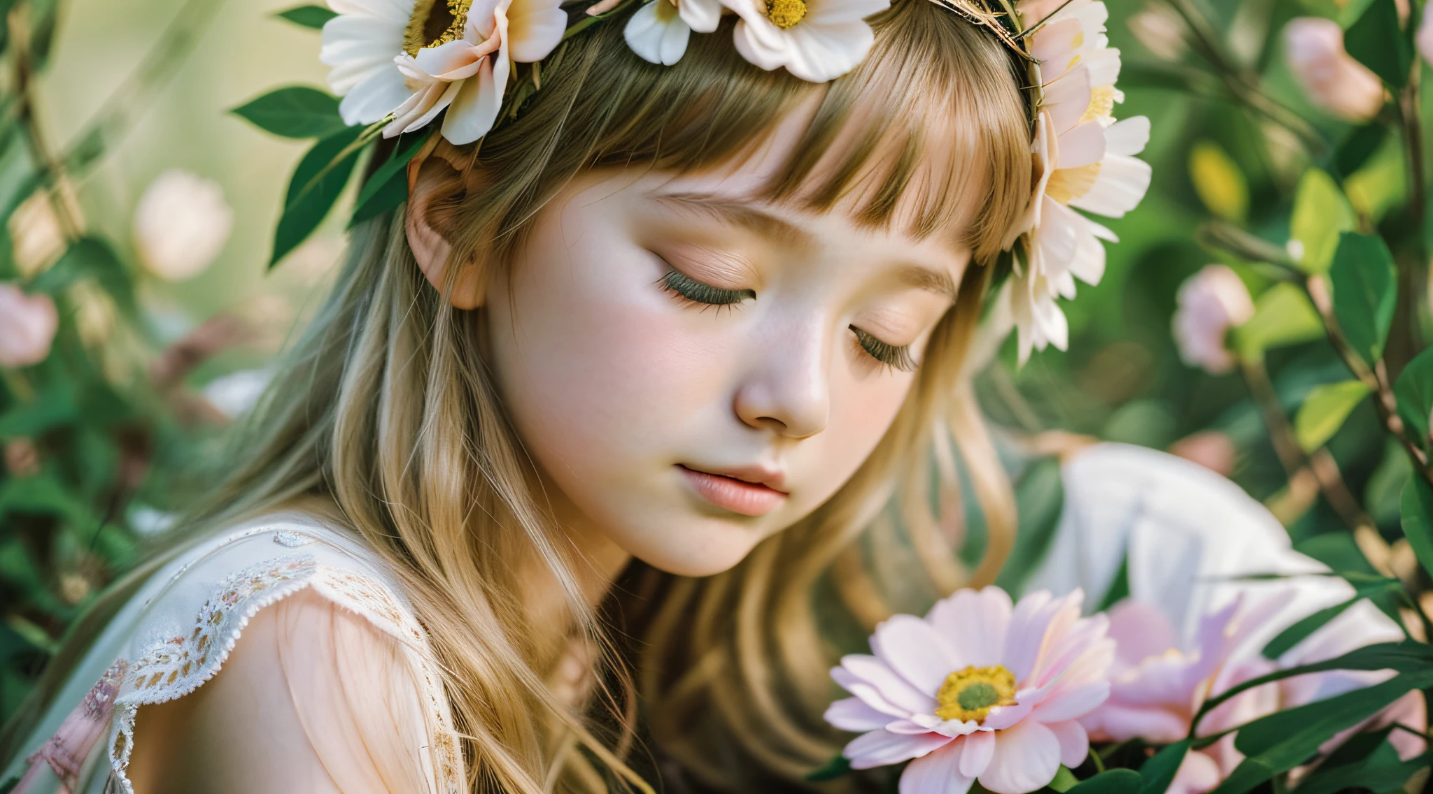 there is a young CHILD girl with a flower in her hair, beautiful languid princess, cute young girl, sleepy fashion model face, flower child, sleeping princess!!!!, girl with a flower head, beautiful young girl, beautiful young girl, beautiful young model, young woman with closed eyes, blond-haired princess, sleepy expression, beautiful girl, wearing a headband