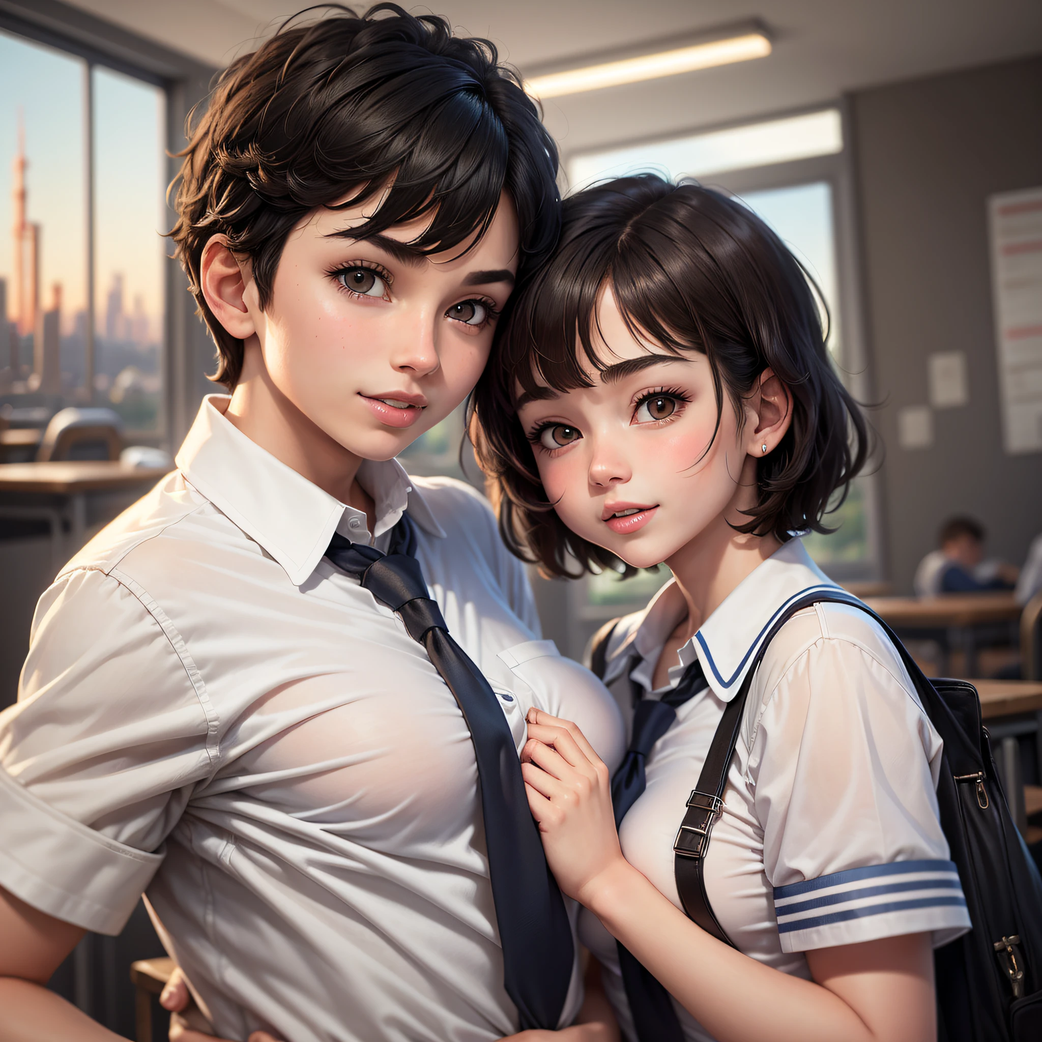 masterpiece, best quality, boy: 1.3), (boy grabbing breast: 1.1), 1woman . (school uniform:1.2), short black hair,brown eyes,(classroom:0.8), (sunset:0.7),(medium breasts:1.4), (sarcastic smile:1), boy biting breasts, woman looking away, --auto --s2