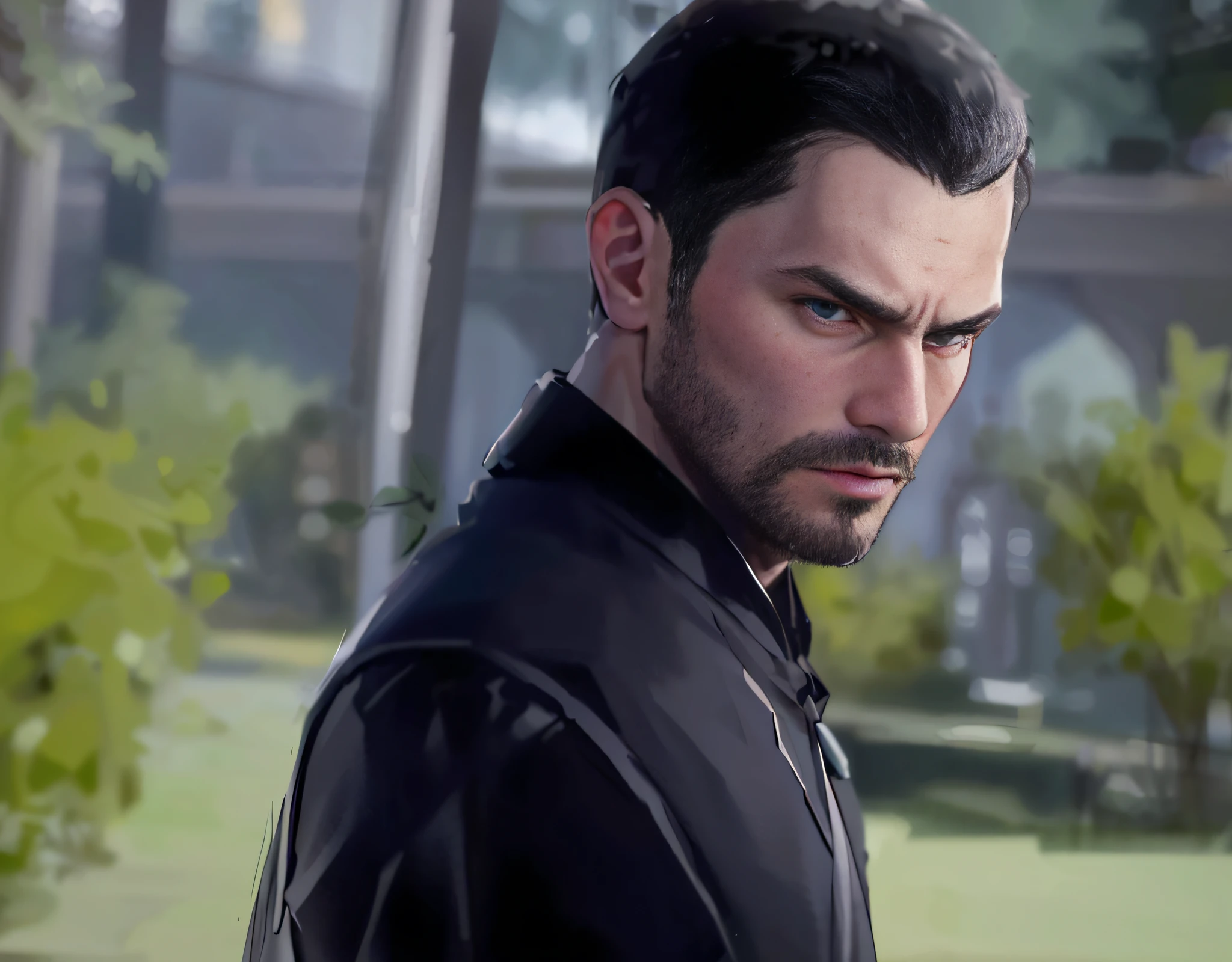 a close up of a man with a beard and a black jacket, portrait of adam jensen, as the protagonist of gta 5, makoto shinkai ( apex legends ), tartakovsky, valorant character, realistic artstyle, portrait of john wick, unreal 5. rpg portrait, sage ( valorant ), as a character in tekken, game cg