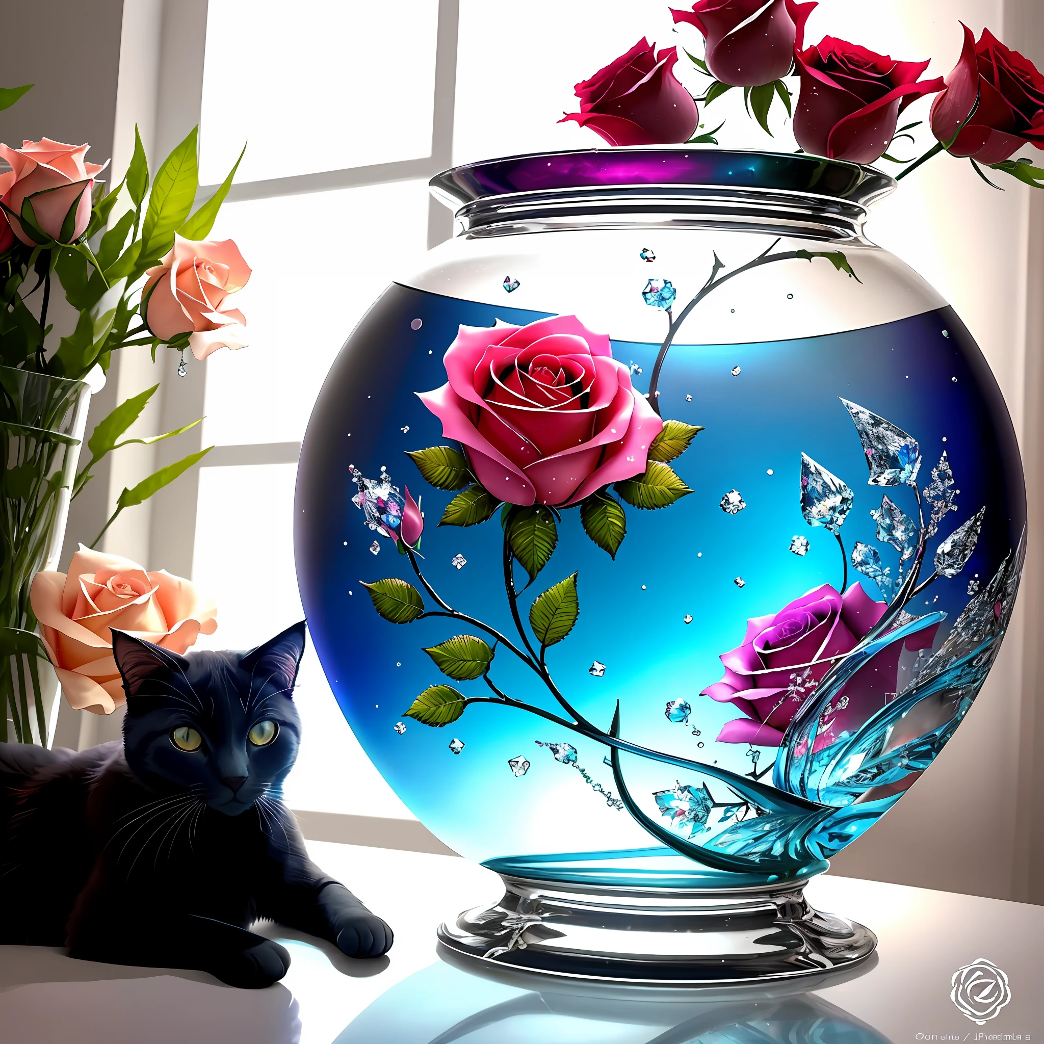 A cute cat is resting in front of a shining crystal glass vase with fractal roses on it. The vase is surrounded by drops of liquid colorful splashing in the air. The art was inspired by Hedi Xandt, a zbrush central contest winner. It is baroque, colorful, and ornate. The vase is made of crystal glass and is decorated with fractal roses. The roses are colorful and are splashing in the air. The cat is cute and is resting in front of the vase.