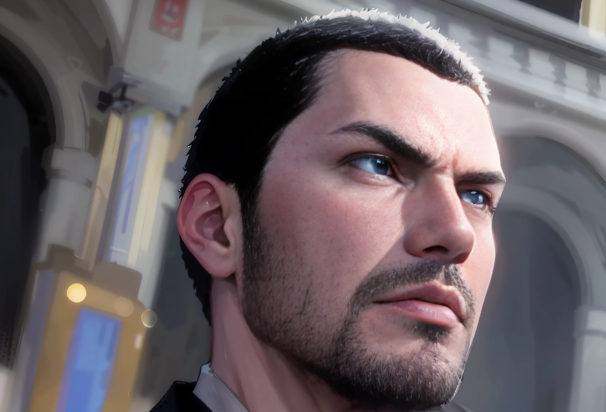 there is a man with a beard and a suit on looking at something, portrait of adam jensen, character portrait closeup, character art closeup, hanzo from overwatch, hyper detail portrait, closeup character portrait, sharp high detail face, portrait of john wick, epic portrait illustration, tartakovsky, sharp detailed face, character art portrait, sharp looking portrait