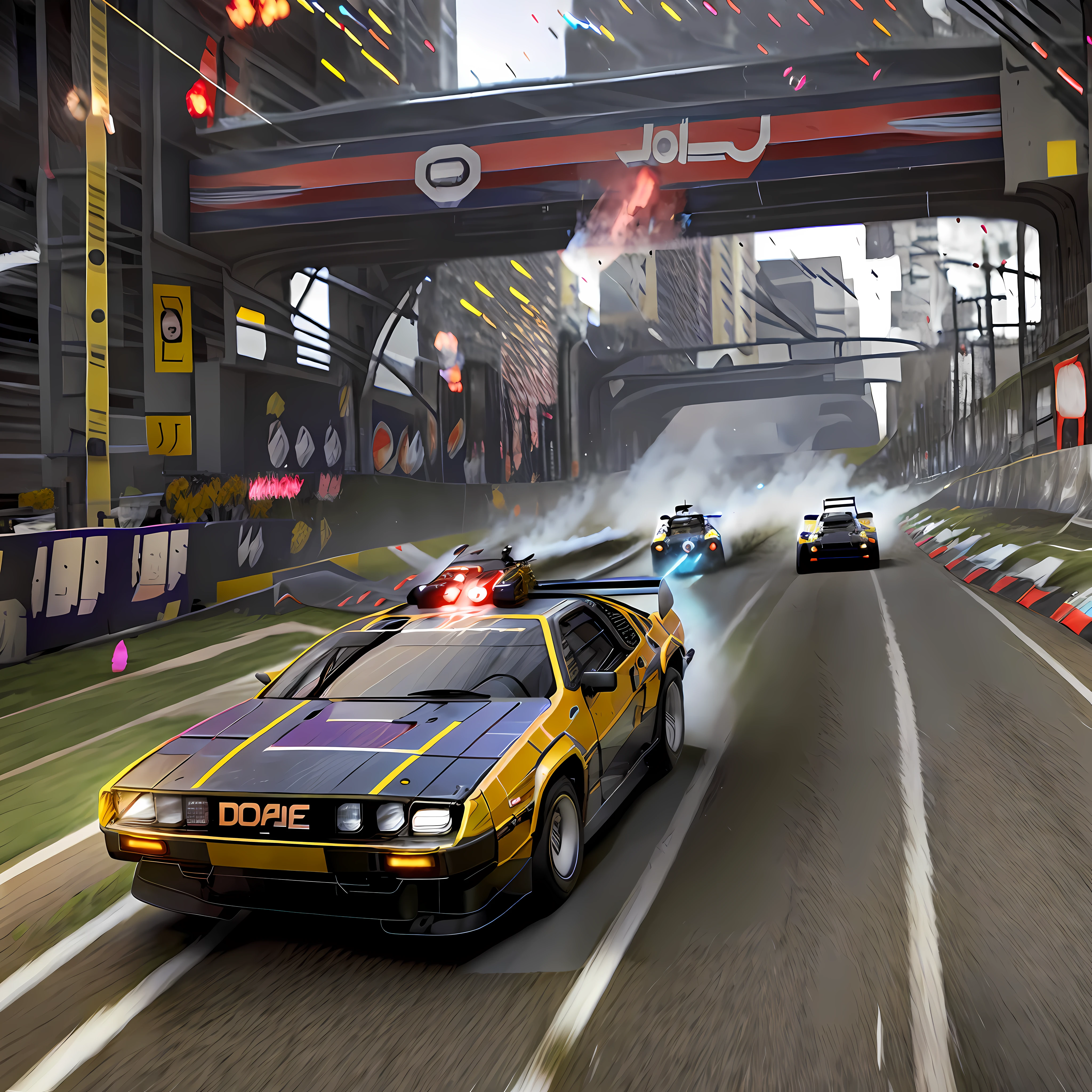 The race was on, and the Delorean from the movie "Player Number 1" was in the middle of the action, speeding up to overtake his opponents. Wade knew victory was his only chance to find the Easter Egg, so he used all of his racing skills to maintain control of the speeding vehicle. With quick and dangerous maneuvers, he was able to overtake his opponents and cross the finish line first. --auto --s2