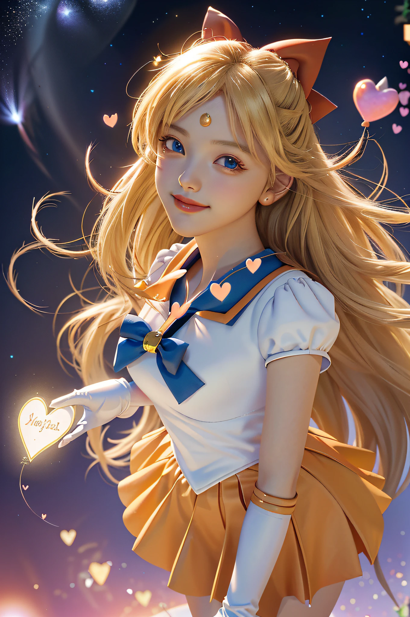 (masterpiece, best quality;1.3), extremely detailed CG, ultra detailed, 1girl, solo,  smile,  looking at viewer, stylish ungle, blonde long hair,blue eyes,
sv1, sailor senshi uniform, orange skirt, elbow gloves, tiara, orange sailor collar, red bow, orange choker, white gloves, jewelry, from above,
many hearts, face focus,Venus,tornado,abstract background, hearts storm, haert beam, heart bubbles, heart baloons, haert stars, heart flowers, HEART LIGHTS, heart world, heart background, galaxy background, heart weapon, heart aura,