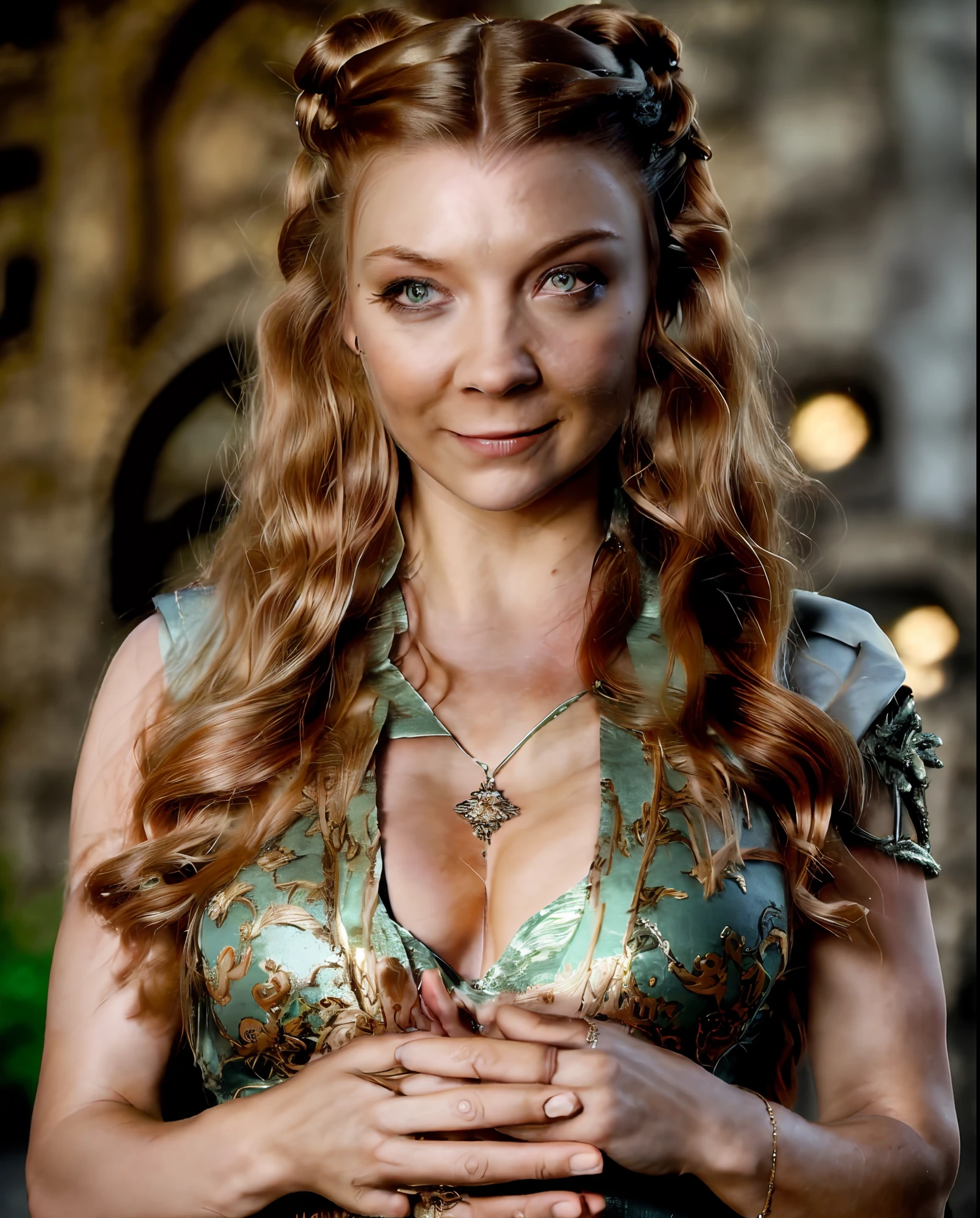 Cinematic Photo RAW, solo, Natalie Dormer is Margaery Tyrell ,smiling, 21 years old, a game of thrones character in medieval style wearing an ornate dress , wear Natalie Dormer face, dark ginger hair, (highly detailed skin: 1.2), nice breasts, ((detailed face)), background a medieval castle high on a hill.